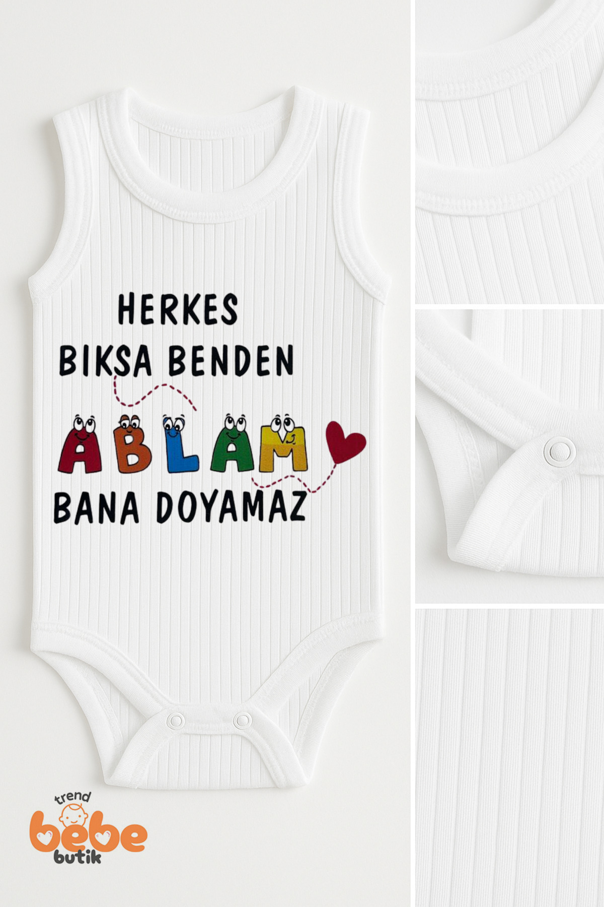 Trend Bebe Butik Ablam Bana Doyamaz Yazılı Kız Bebek Çıtçıtlı Zıbın Body | 6-36 Ay | %100 Pamuk Yazlık Atlet Tulum fotoğrafı 2 (önizleme)