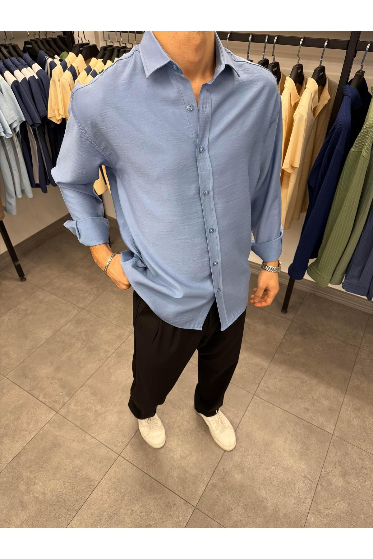 Butik Modal Keten %95 Pamuk Gömlek Bebe Mavi