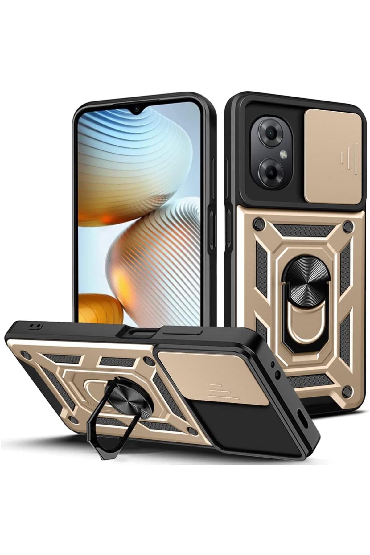 Rivor Xiaomi Poco M5 Uyumlu Kılıf Kamera Sürgülü Standlı Yüzüklü Darbe Emici Zırh Koruyucu Tank Kapak