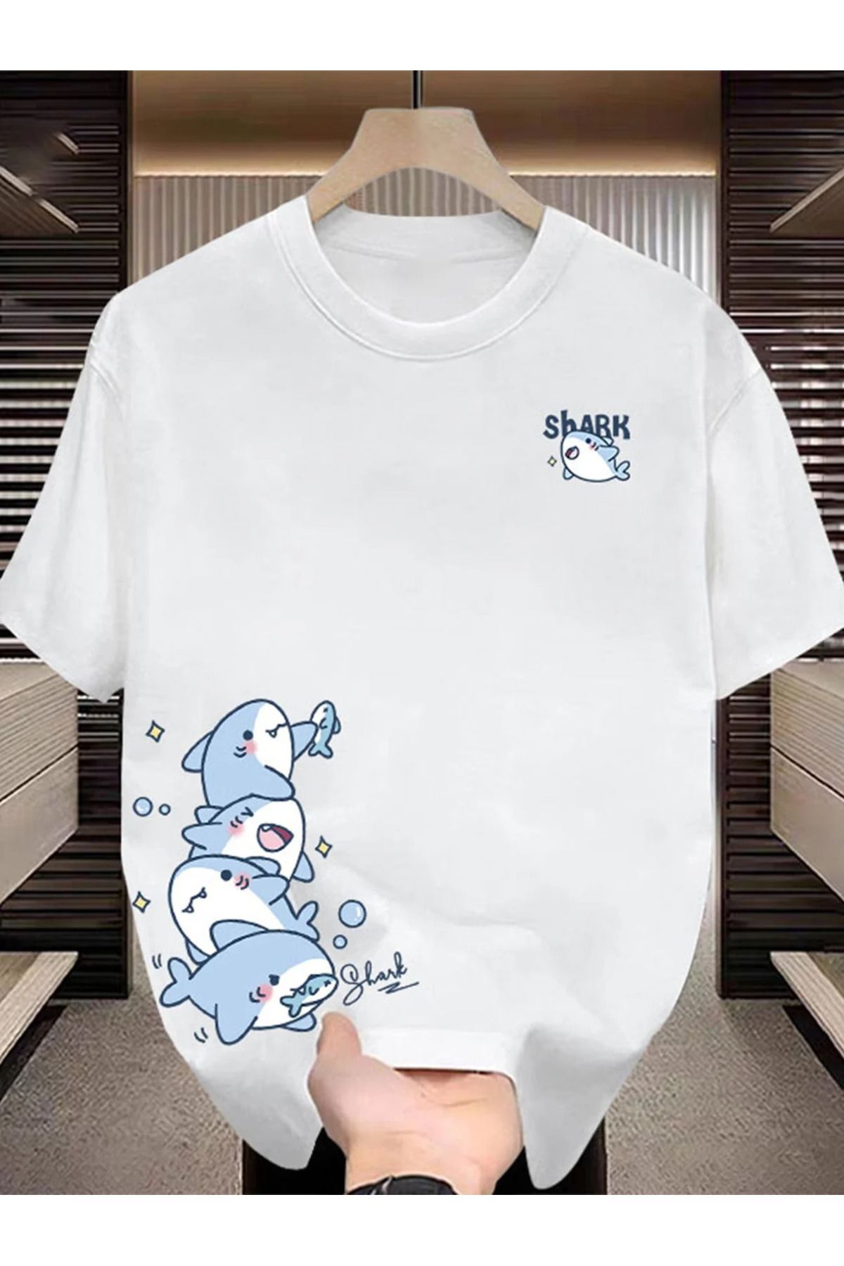 LUNAVISTA Yaz için nefes alabilen örme kumaştan, normal kesim, köpek balığı desenli T-shirt.