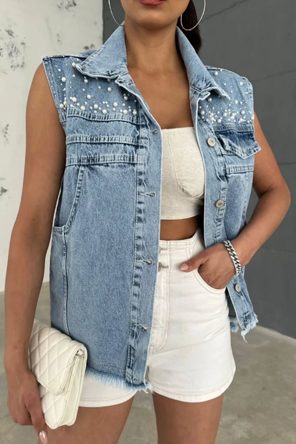 butiksinope Ast 490 İnci İşlemeki Oversize Kadın Kot Yelek A.Mavi