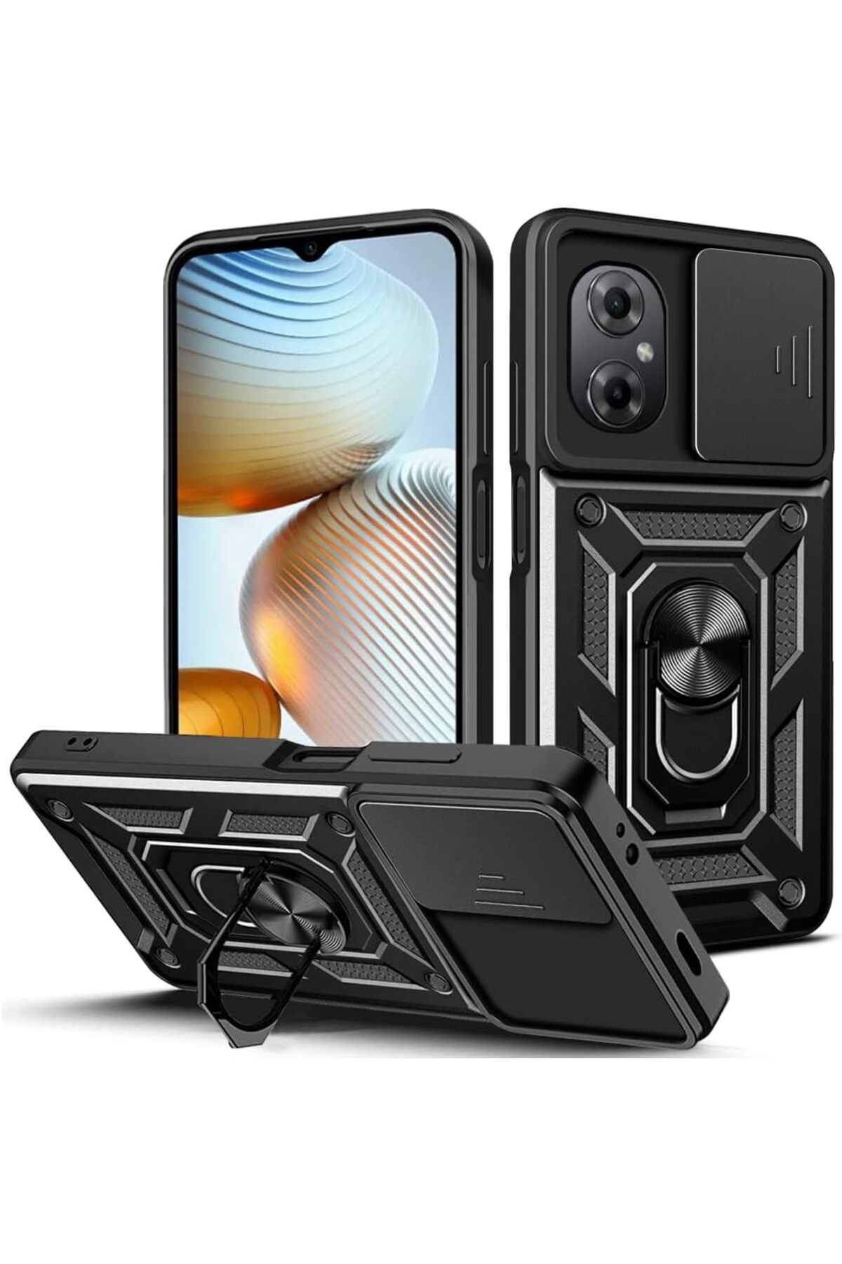 Rivor Xiaomi Poco M5 Uyumlu Kılıf Kamera Sürgülü Standlı Yüzüklü Darbe Emici Zırh Koruyucu Tank Kapak