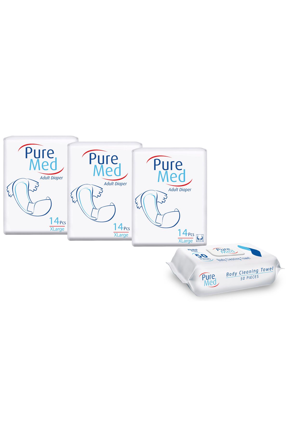Pure 3 Pachet Pure Med Eco Xl (42 Scutece) + 1 Pachet Șervețele Umede Pure Med (50 Buc) - One Size