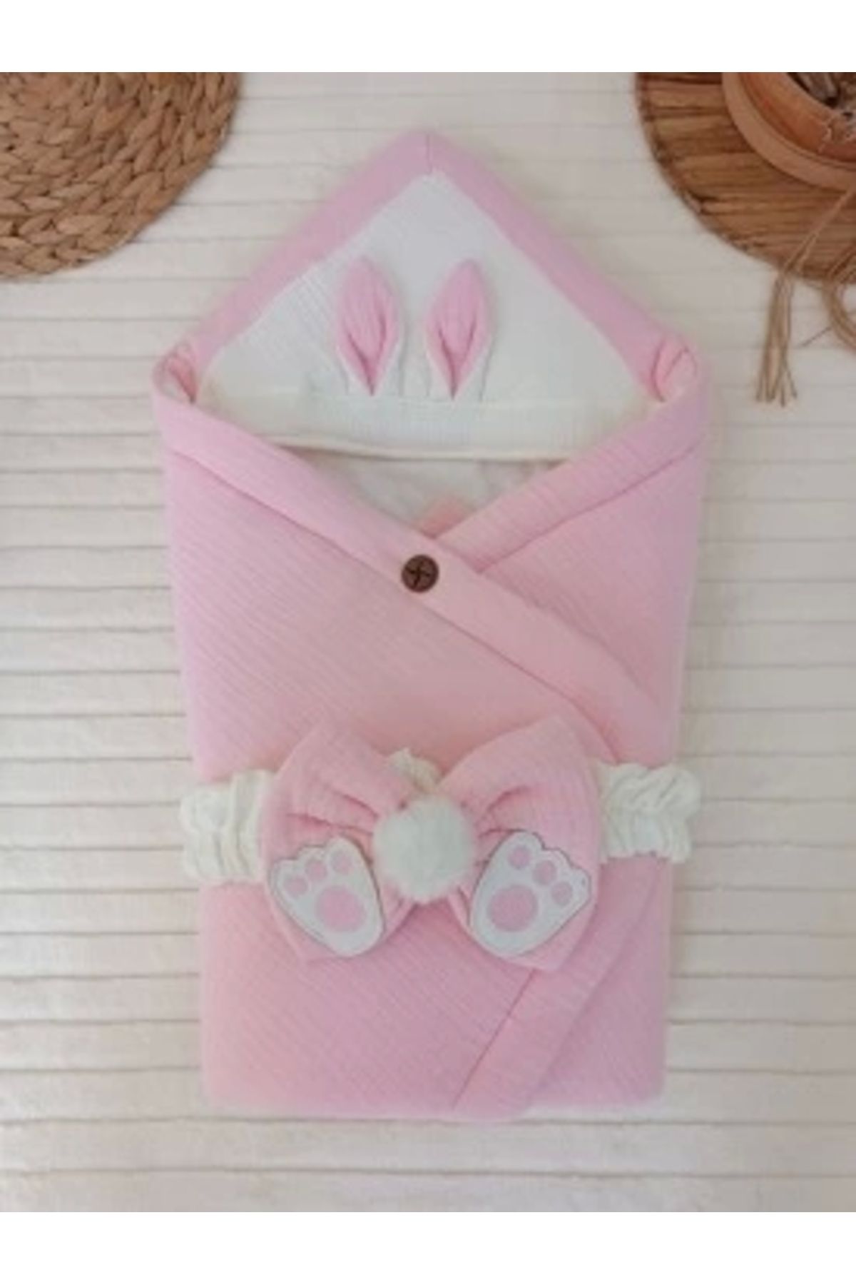 Diji Baby Yenidoğan 4 Kat Müslin Kumaş Kulaklı Patili Fiyonk Bebek Battaniyesi Kundak