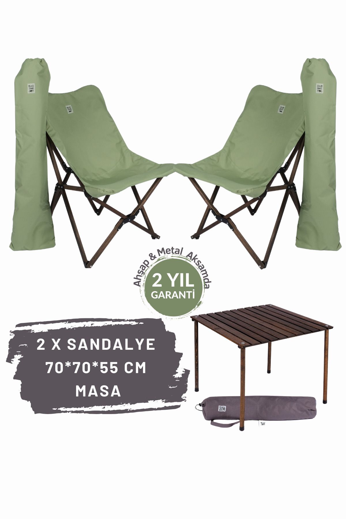 Bag The Joy Ahşap Katlanır Masa Sandalye Seti Antrasit Iskelet Su Yeşili Kılıf -70x70x55 Antrasit Masa