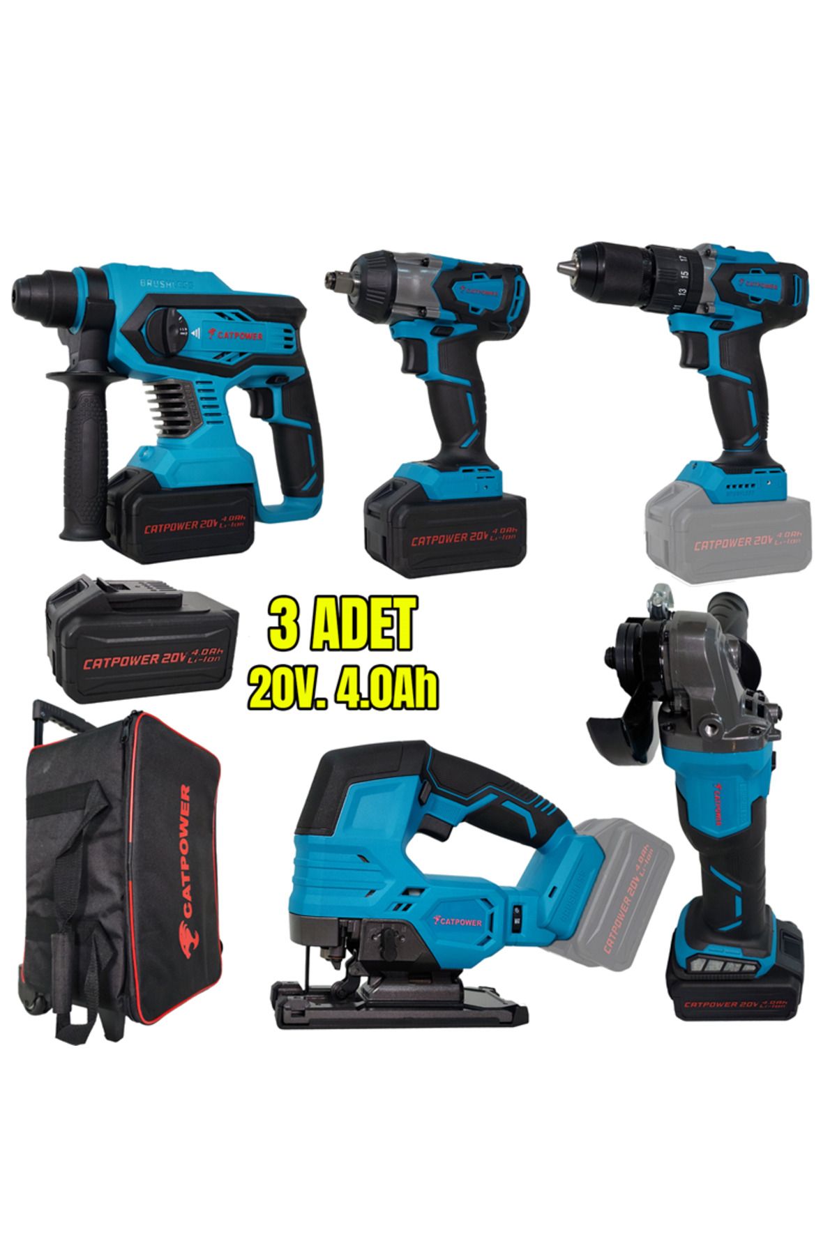 CATPOWER EL ALETLERİ Catpower CAT4150 Kömürsüz Akülü Set: Darbeli Vidalama / Kırıcı-Delici / Avuç Taşlama / Somun Sıkma /