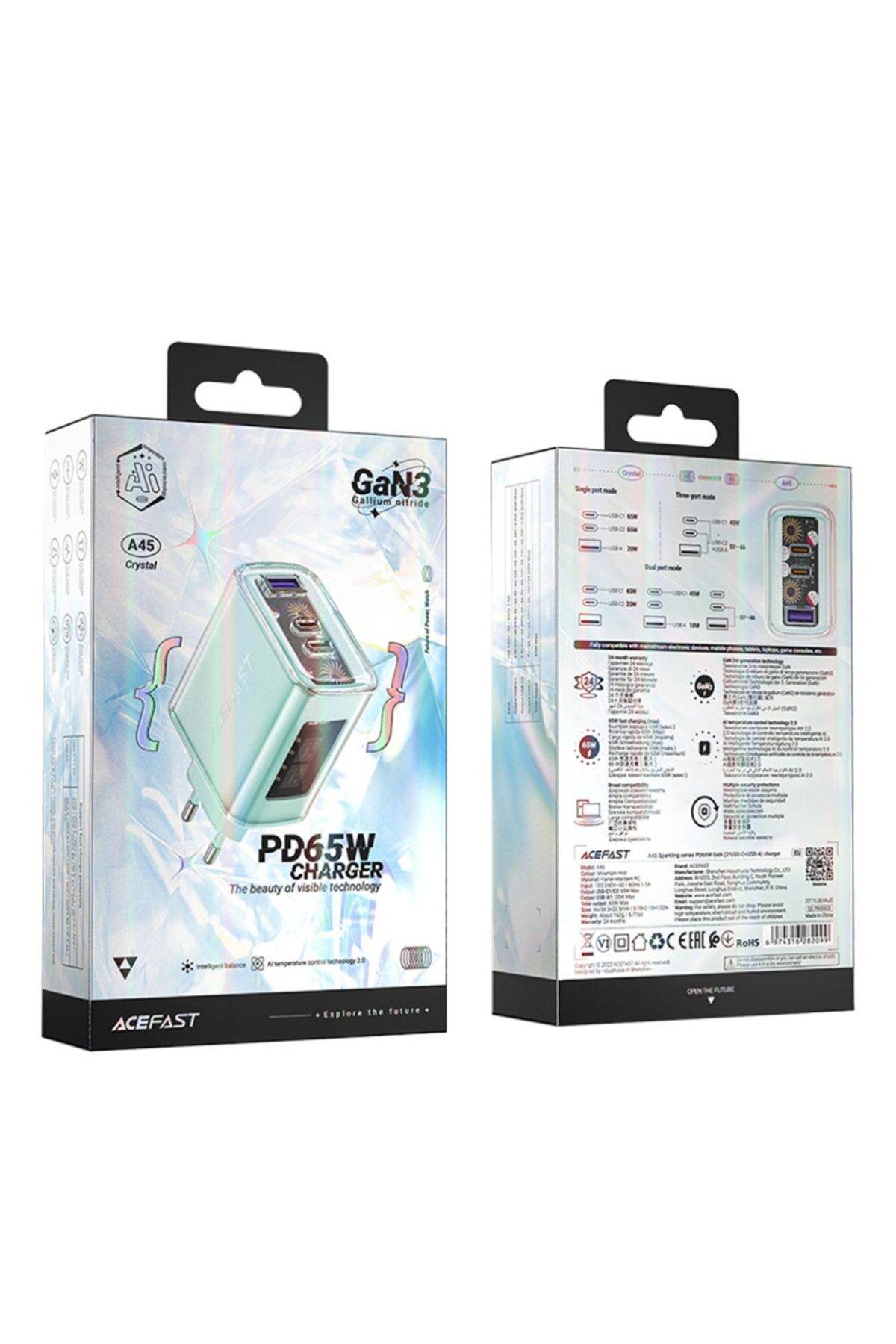 Acefast-Încărcător de perete, încărcare rapidă, AcesFast, 2x Tip-C, USB, GaN, încărcare rapidă PD65W, A45, Verde 7