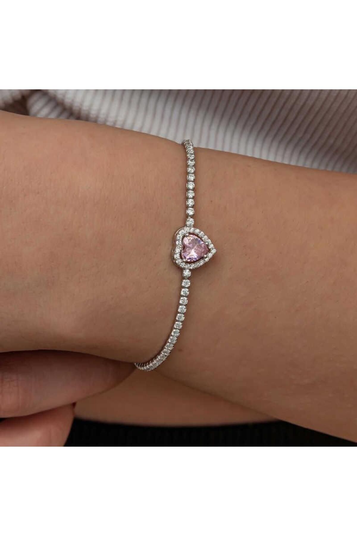 Gumush Gümüş Pembe Taşlı Kalpli Su Yolu Bileklik