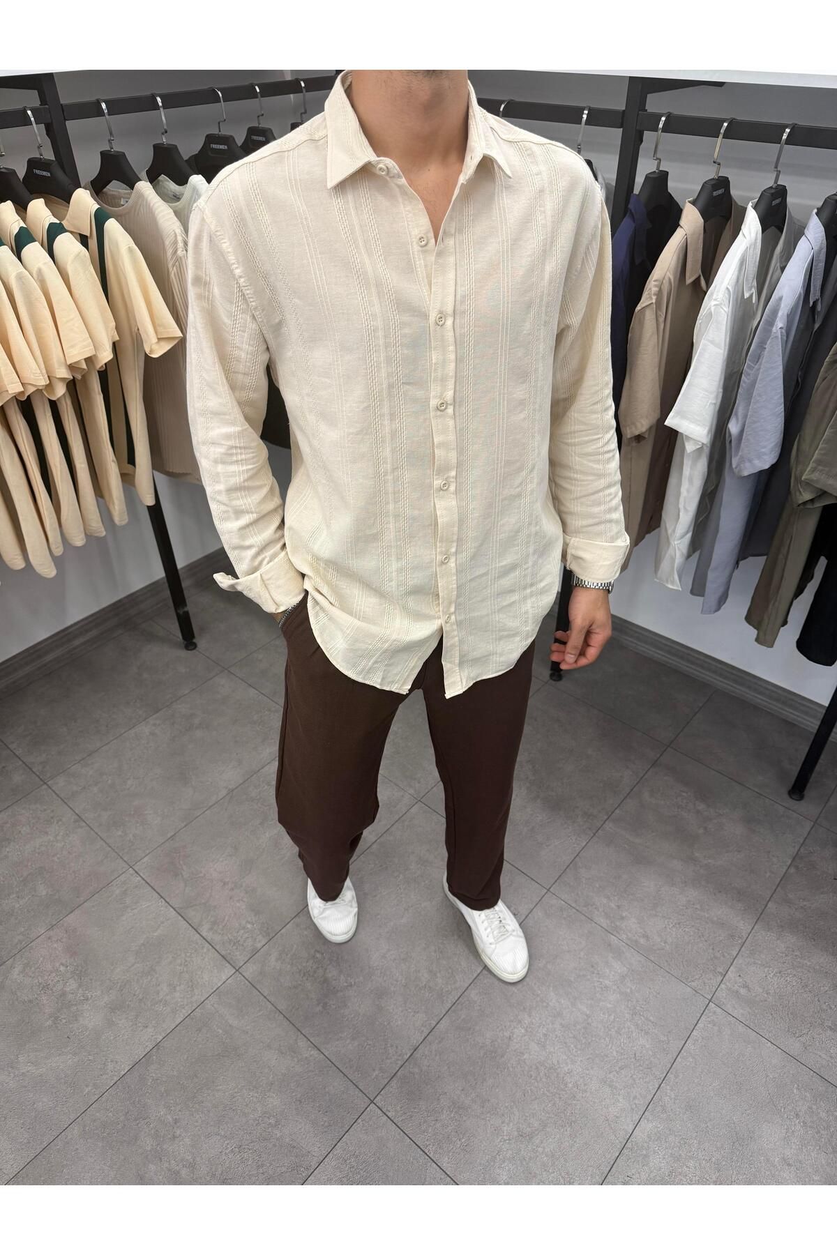 Butik Örgü Detaylı Oversize Keten Gömlek Bej