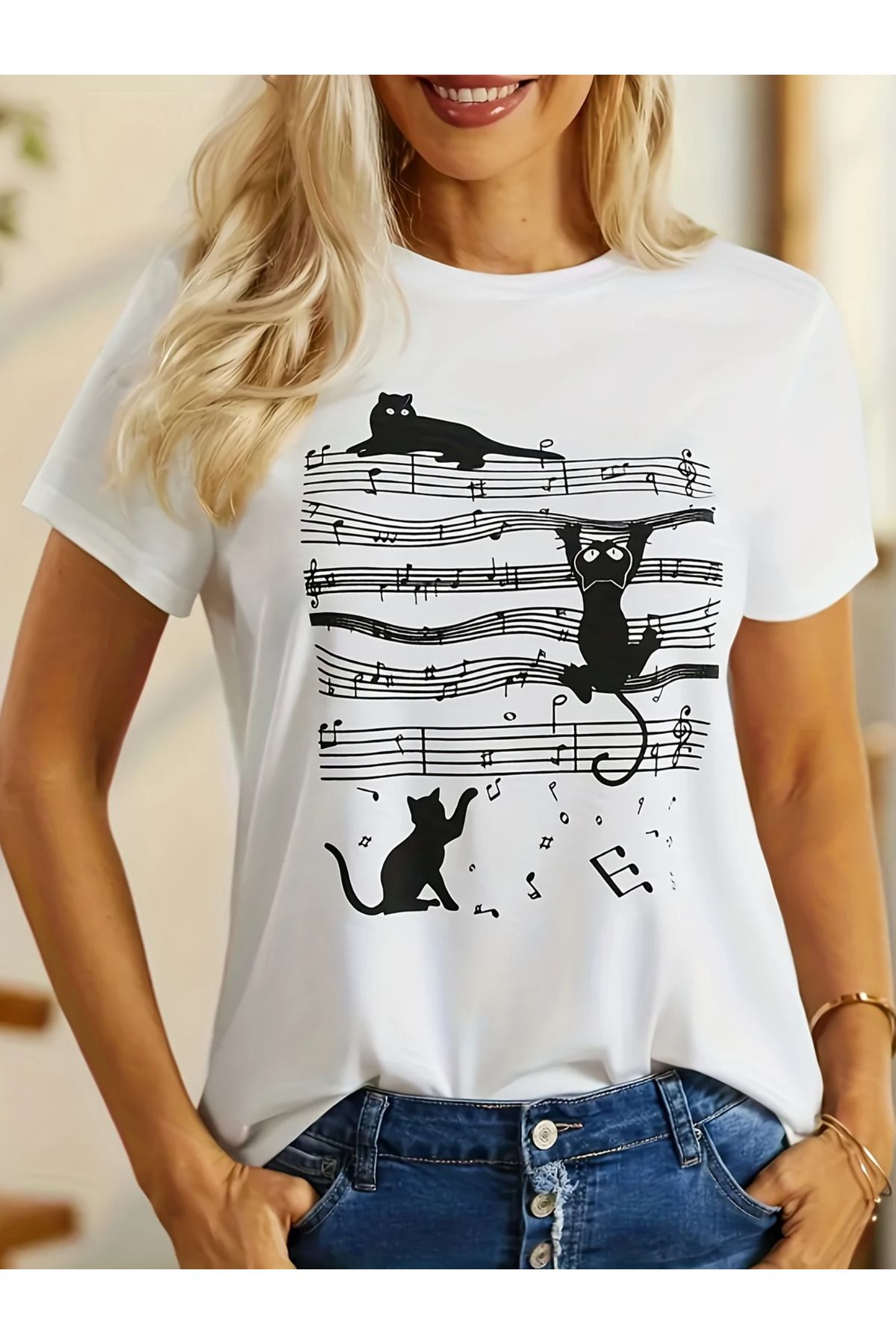 LAND MODA Kedi & Müzik Nokta Grafikli Crew Neck Rahat Üst, Kısa Kollu Spor Tee, Kadınların Aktif Giyim