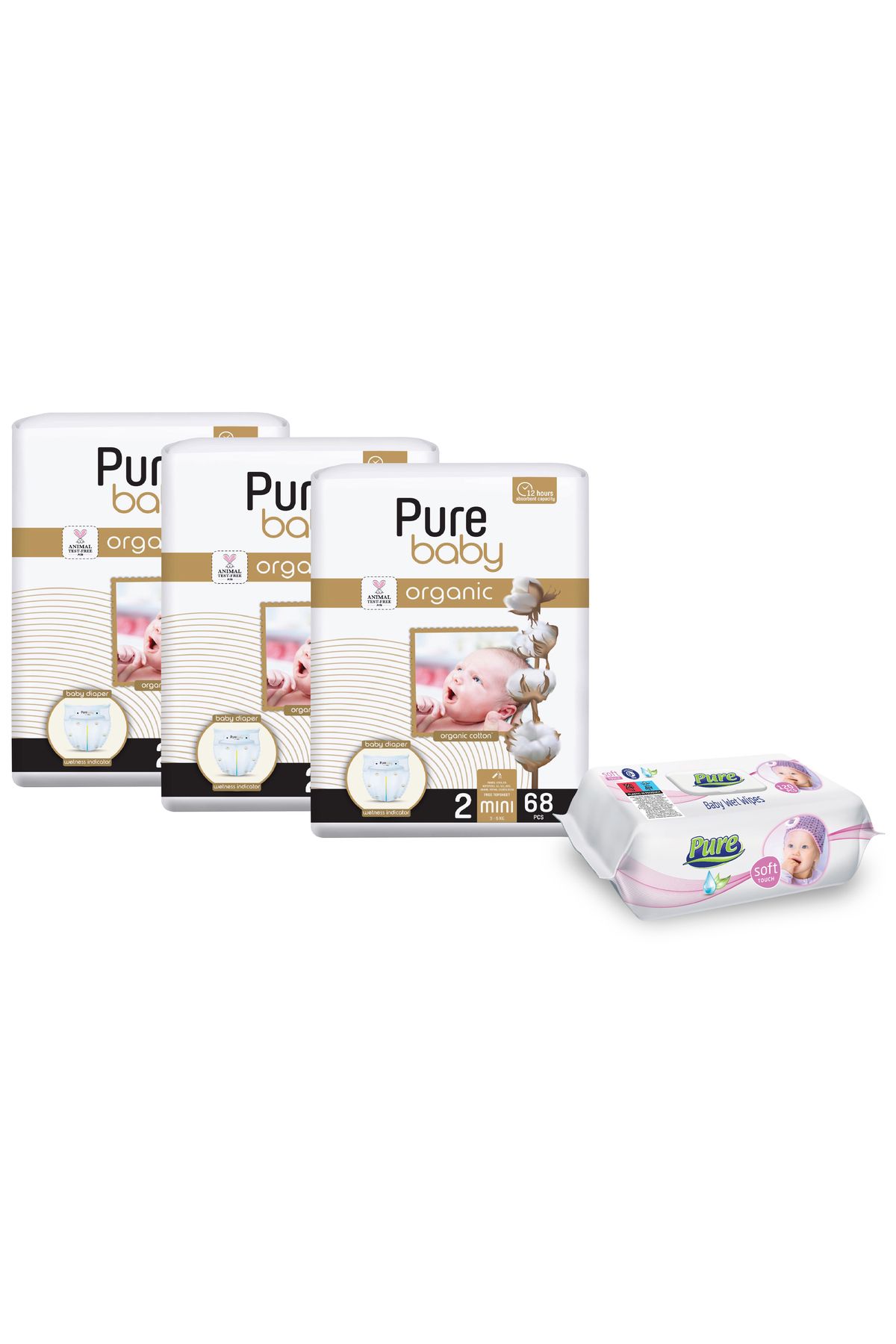 Pure Baby Set De 3 Pachete Nr. 2, 204 Scutece, Cu 1 Pachet De Șervețele Umede, 120 Buc. - One Size