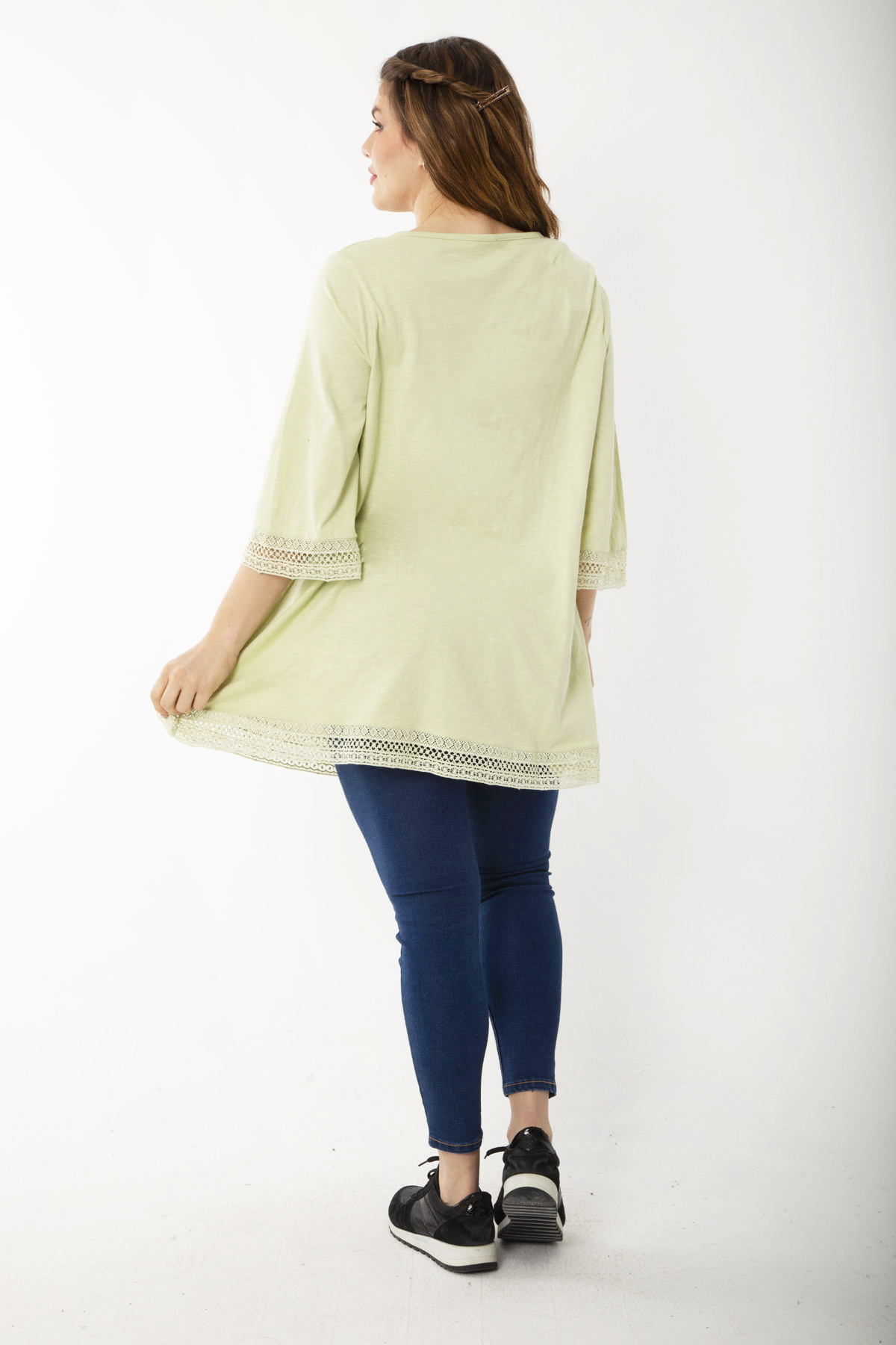 Şans-Women's Large Size Green Ribbed Stitched Tunic with Lace Detail at Cuffs and Hem 65N36876 5