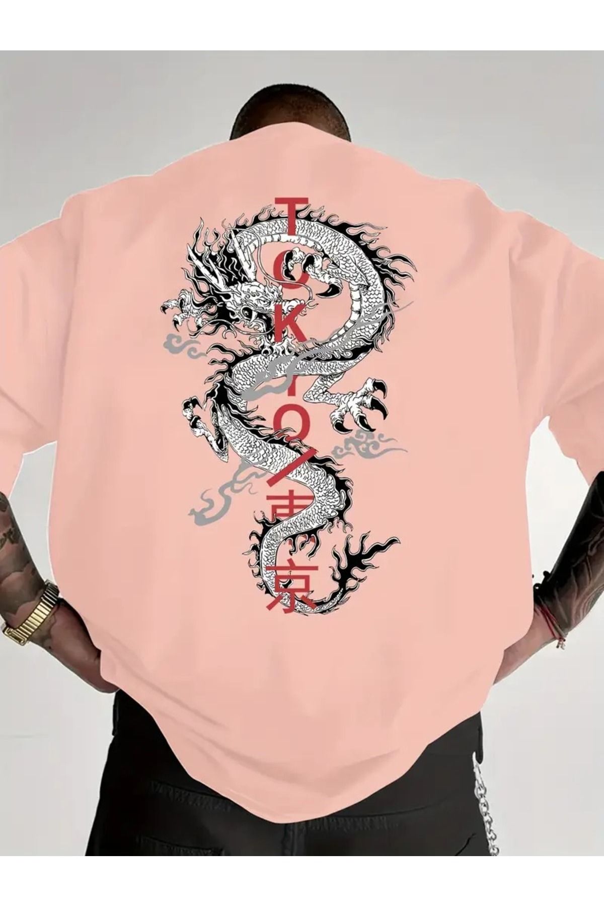 LAND MODA Erkekler için Japon Anime Ejderha Desenli Rahat Bol Kesim Kısa Kollu T-Shirt - %100