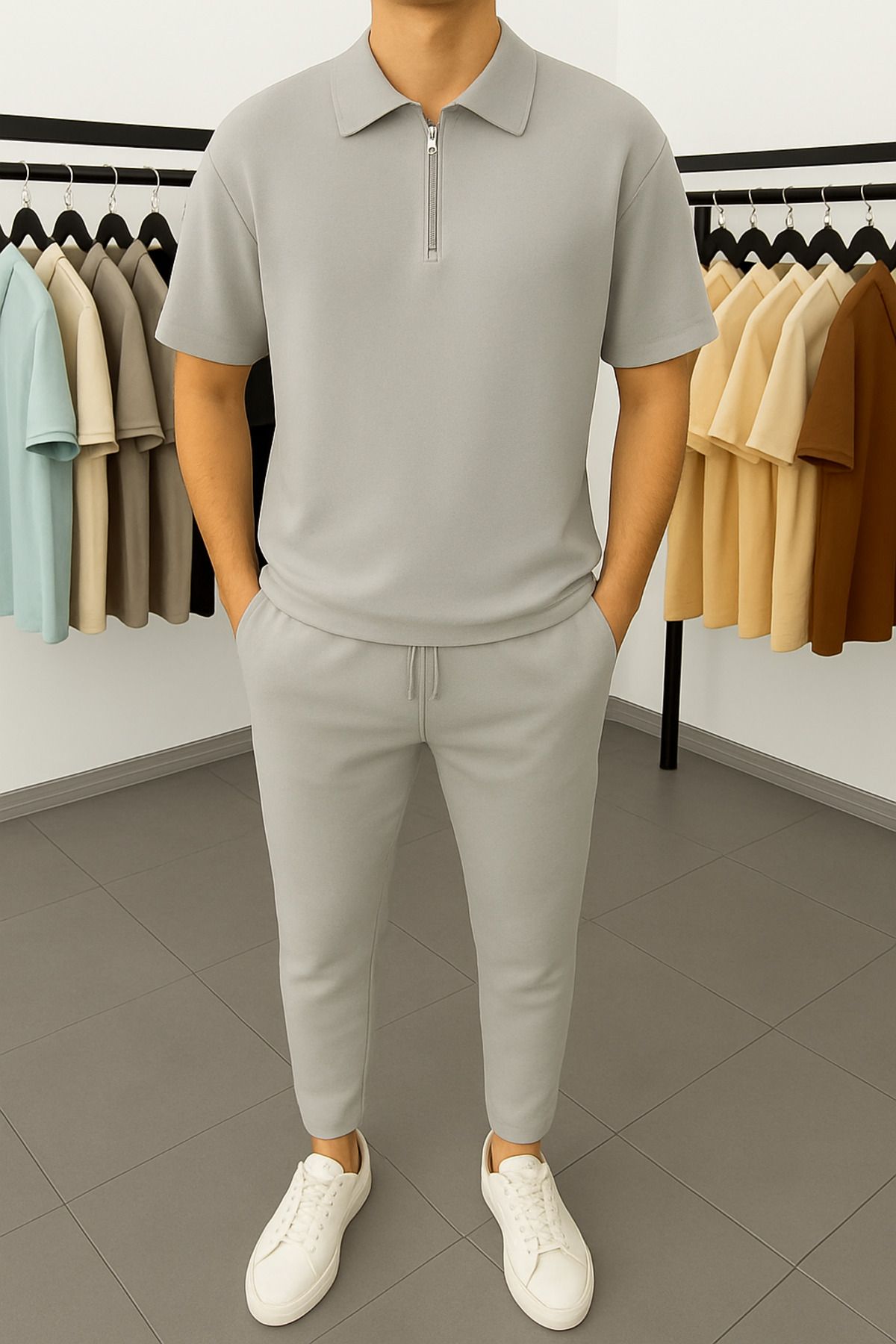 Butik Krep Kumaş Likralı Yarım Fermuar Polo Yaka Takım Gri
