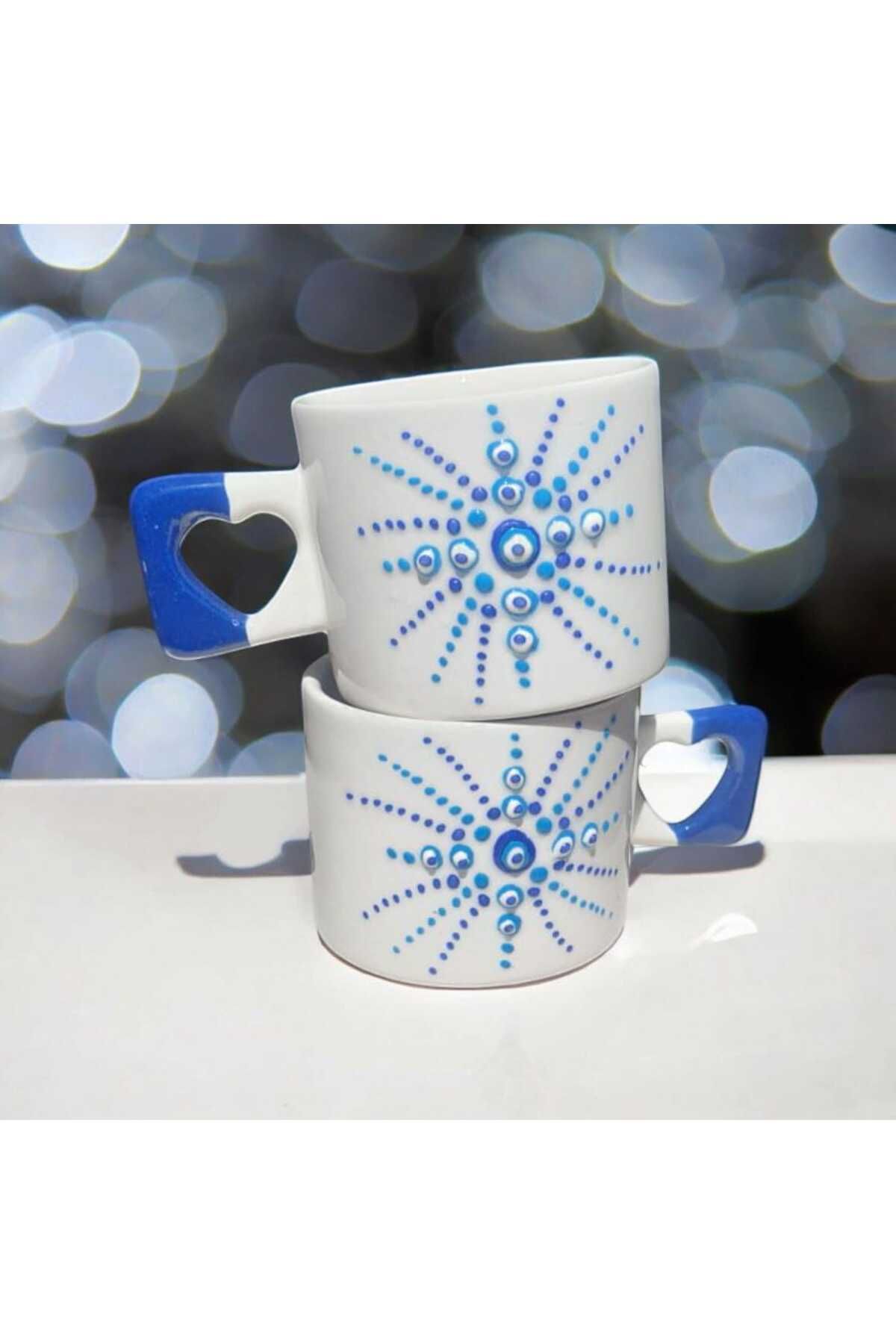 Simge Seramik 2'li Nazar Boncuğu Işlemeli Lacivert Kalp Kulp El Işi Doğal Seramik Mug Kupa Çay/cappuccino Fincanı