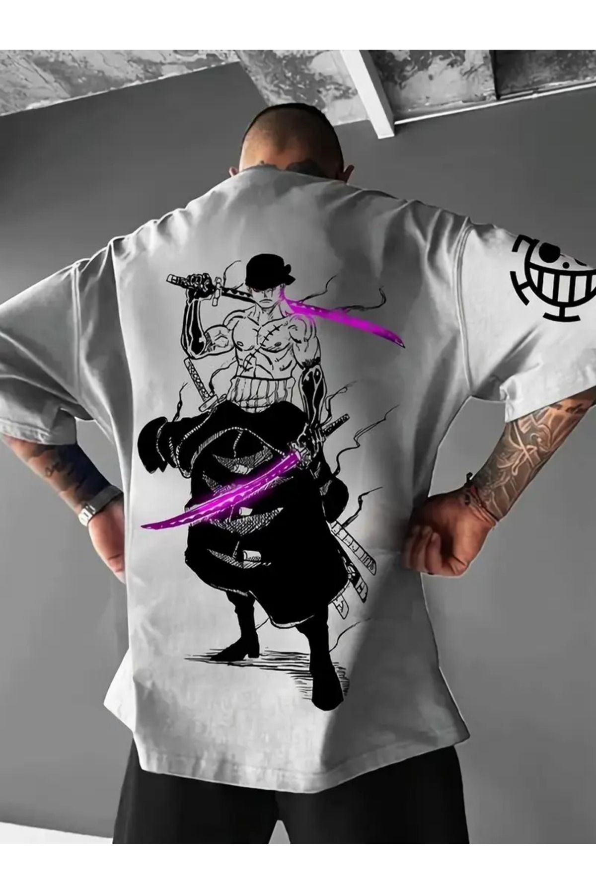 LAND MODA Erkekler İçin Anime Desenli Tişört - Mor Kılıç Savaşçısı Arka Baskılı, Yumuşak Nefes Alabilen
