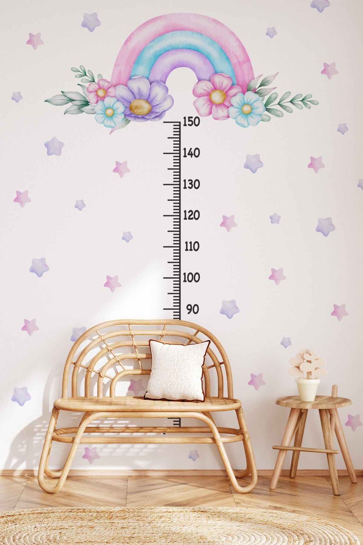 MSticker Soft Pembe Renklerde Gökkuşağı Çiçekler ve Yıldızlar Temalı Boy Ölçer Boy Cetveli Sticker Seti Çocuk