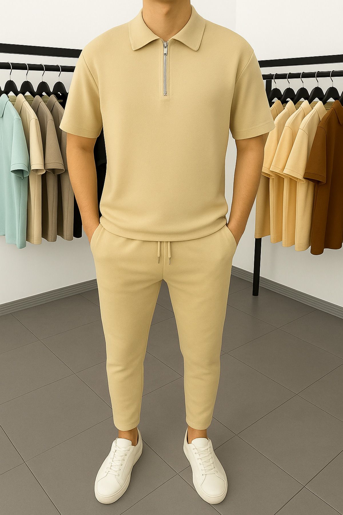 Butik Krep Kumaş Likralı Yarım Fermuar Polo Yaka Takım Bej