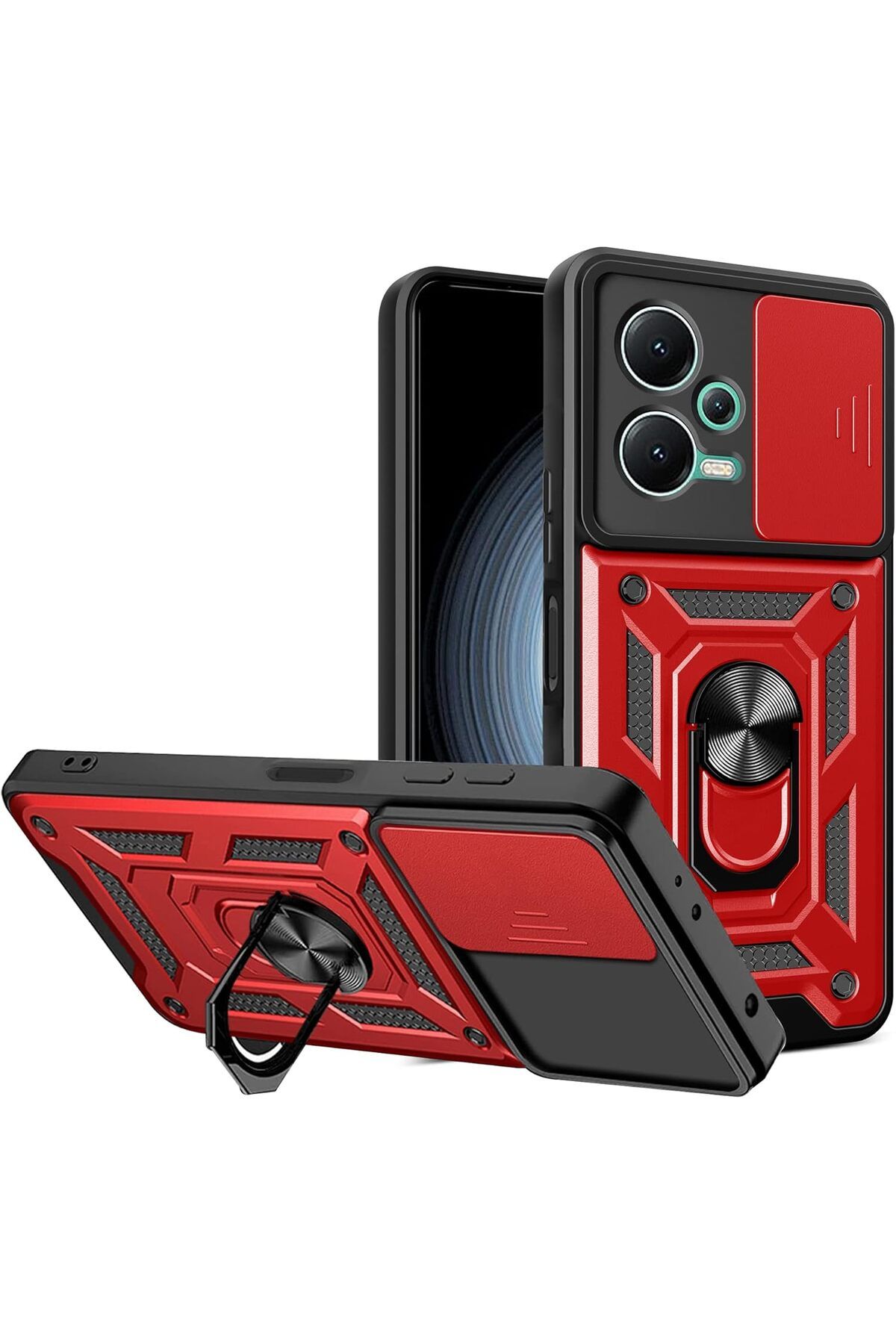 Rivor Xiaomi Redmi Note 12 5G & Poco X5 5G Kılıf Kamera Sürgülü Standlı Yüzüklü Darbe Emici Koruyucu Kapak