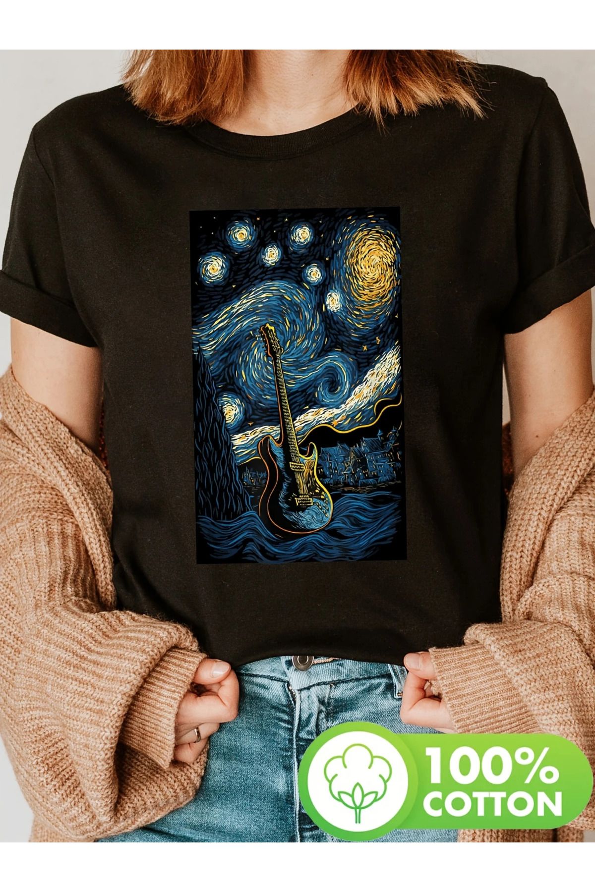 LAND MODA Kadınlar için Yıldızlı Gitar Baskılı T-Shirt, %100 Yuvarlak Yaka Kısa Kollu Rahat Üst,