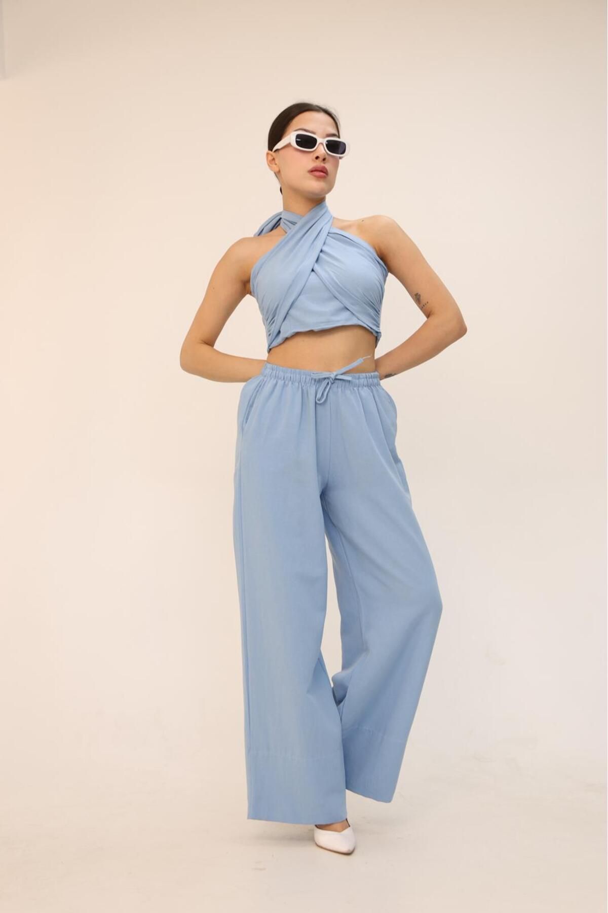 YONEZ MODA Kadın Rahat Kalıp Keten Takım Boyundan Bağlama Detaylı Crop Pantolon