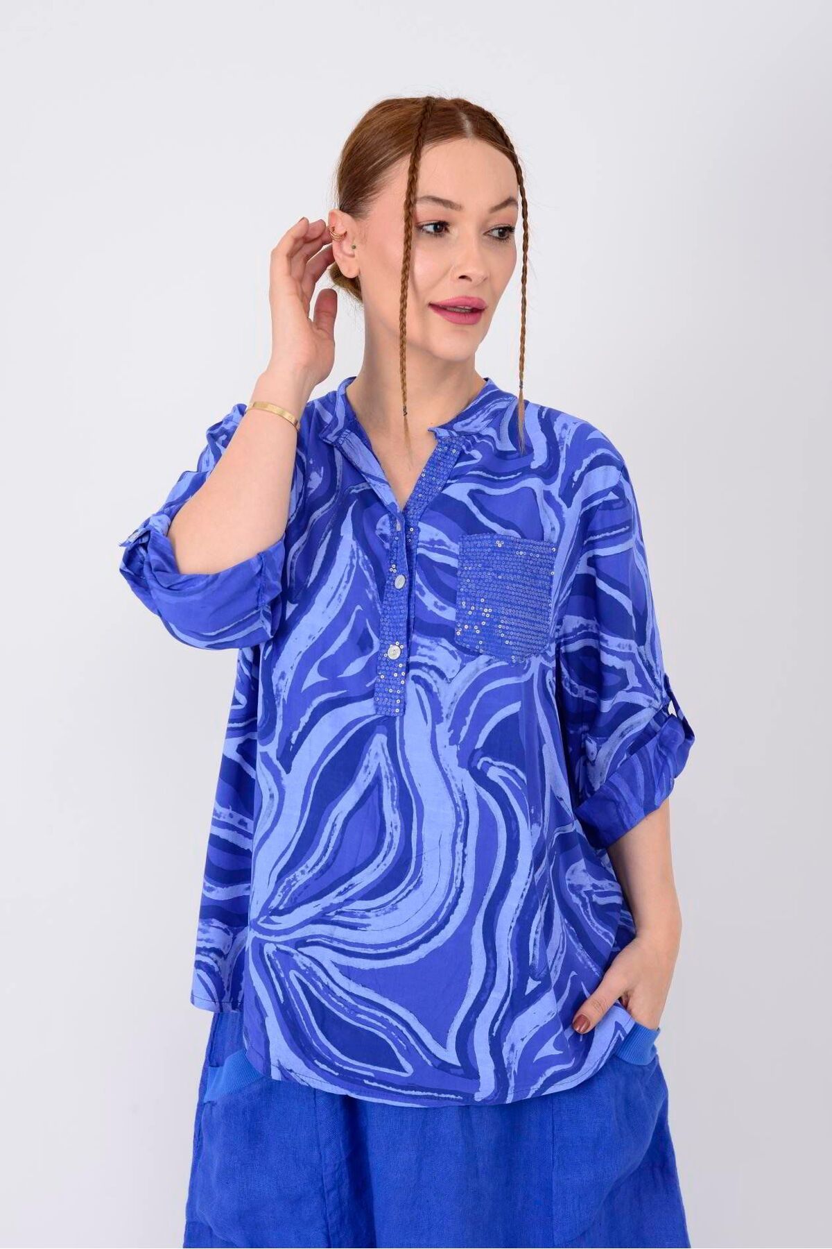 Octagon Bluz İtalyan Batik Desen Pamuklu Mavi
