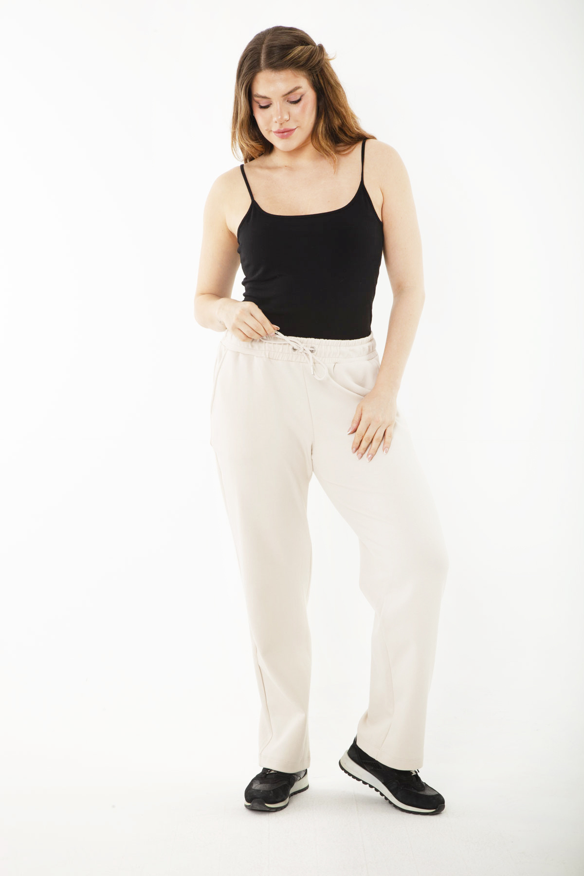 Şans-Damen-Trainingshose, große Größe, beige Taille, Ösenschnürung und elastische Seitentasche, Trainingshose 65n35418 8