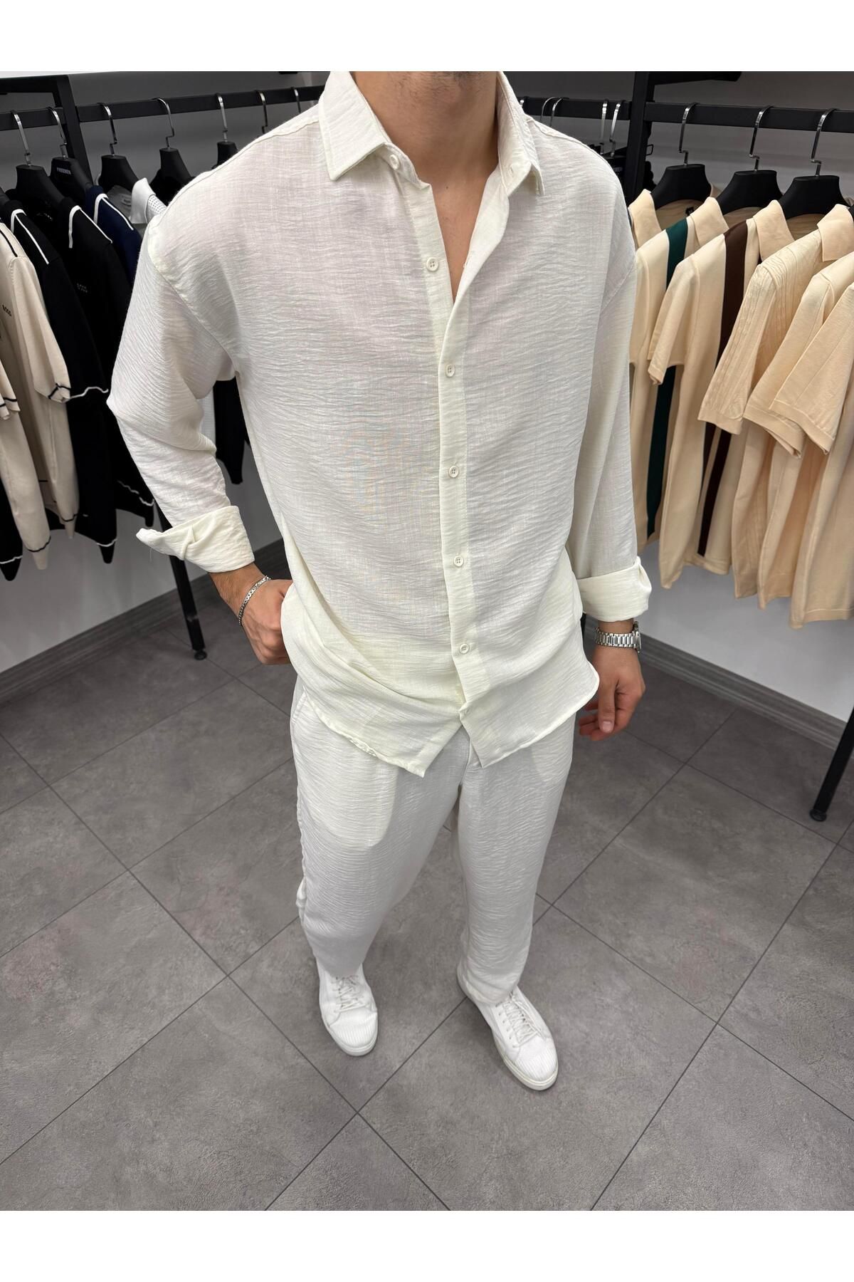 Butik Rahat Kalıp Keten Takım Krem