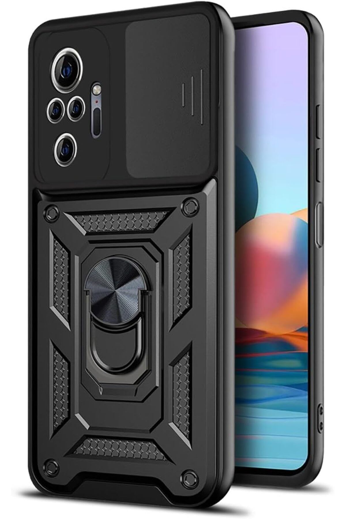Rivor Xiaomi Redmi Note 10 Pro Kılıf Kamera Sürgülü Standlı Yüzüklü Darbe Emici Zırh Koruyucu Tank Kapak