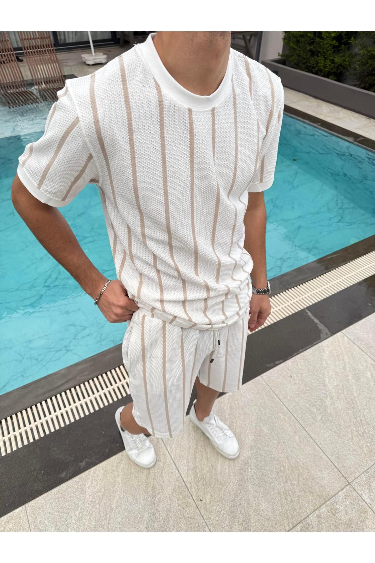 Butik Pamuklu Petek Örme Şort Takımı Krem