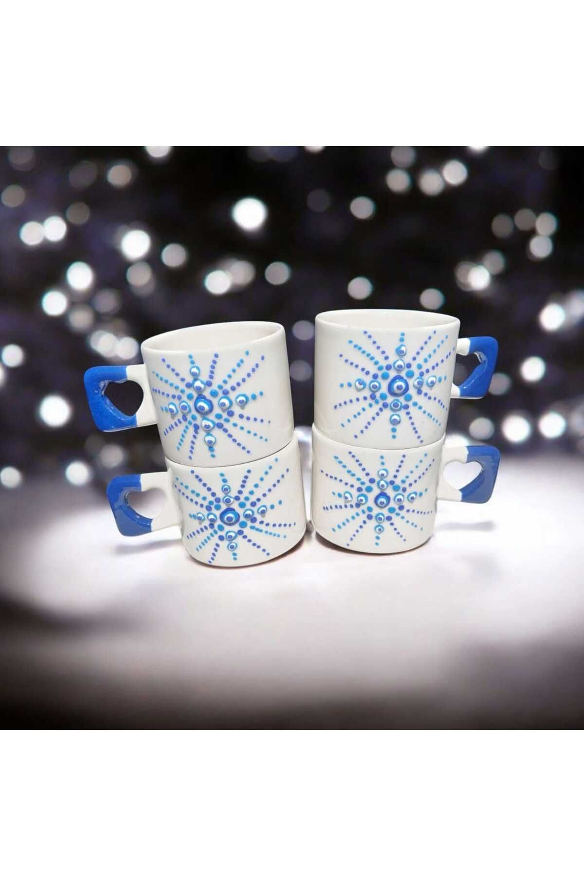 Simge Seramik 4'lü Nazar Boncuğu İşlemeli Lacivert Kalp Kulp El İşi Doğal Seramik Mug Kupa Çay/ Cappuccino Fincanı