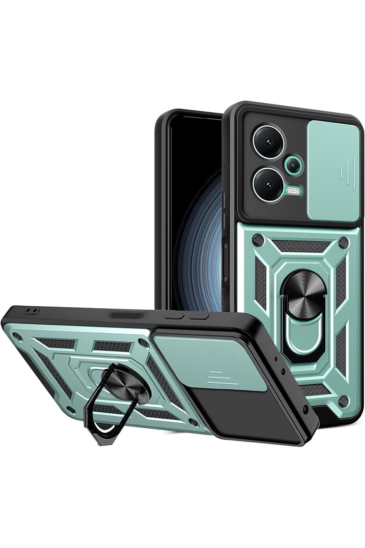 Rivor Xiaomi Redmi Note 12 5G & Poco X5 5G Kılıf Kamera Sürgülü Standlı Yüzüklü Darbe Emici Koruyucu Kapak