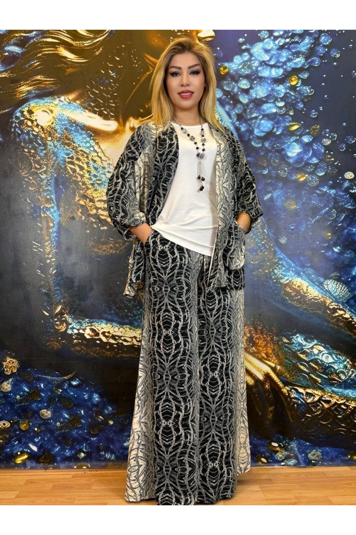 Yeşilmoda 3lü Takım,pamuklu,Kolye,Yazlık,Cepli,Etekli pantolon,Yüksek kalite,Likralı bel,Normal kol,desenli