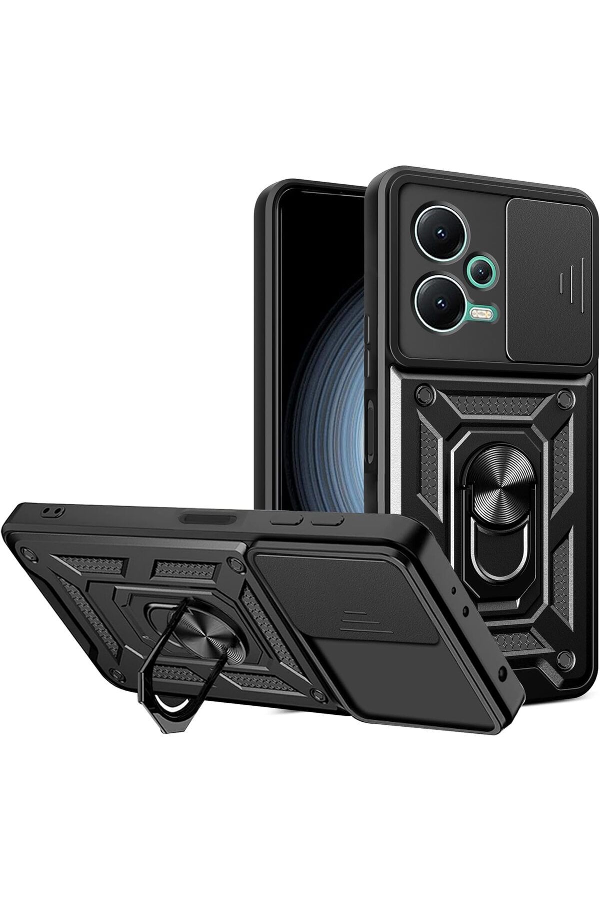 Rivor Xiaomi Redmi Note 12 5G & Poco X5 5G Kılıf Kamera Sürgülü Standlı Yüzüklü Darbe Emici Koruyucu Kapak