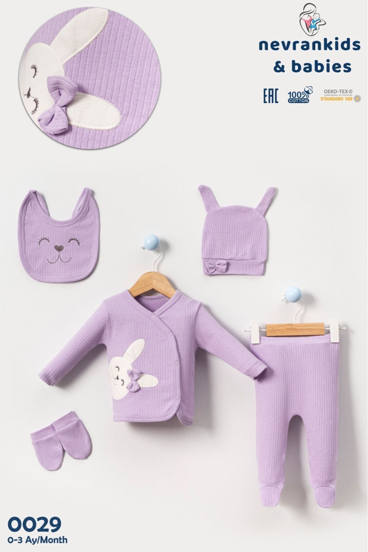 nevrankids Kız Bebek Organik Kumaş Lila 5 Parça Hastane Çıkışı Seti fotoğrafı 5 (önizleme)