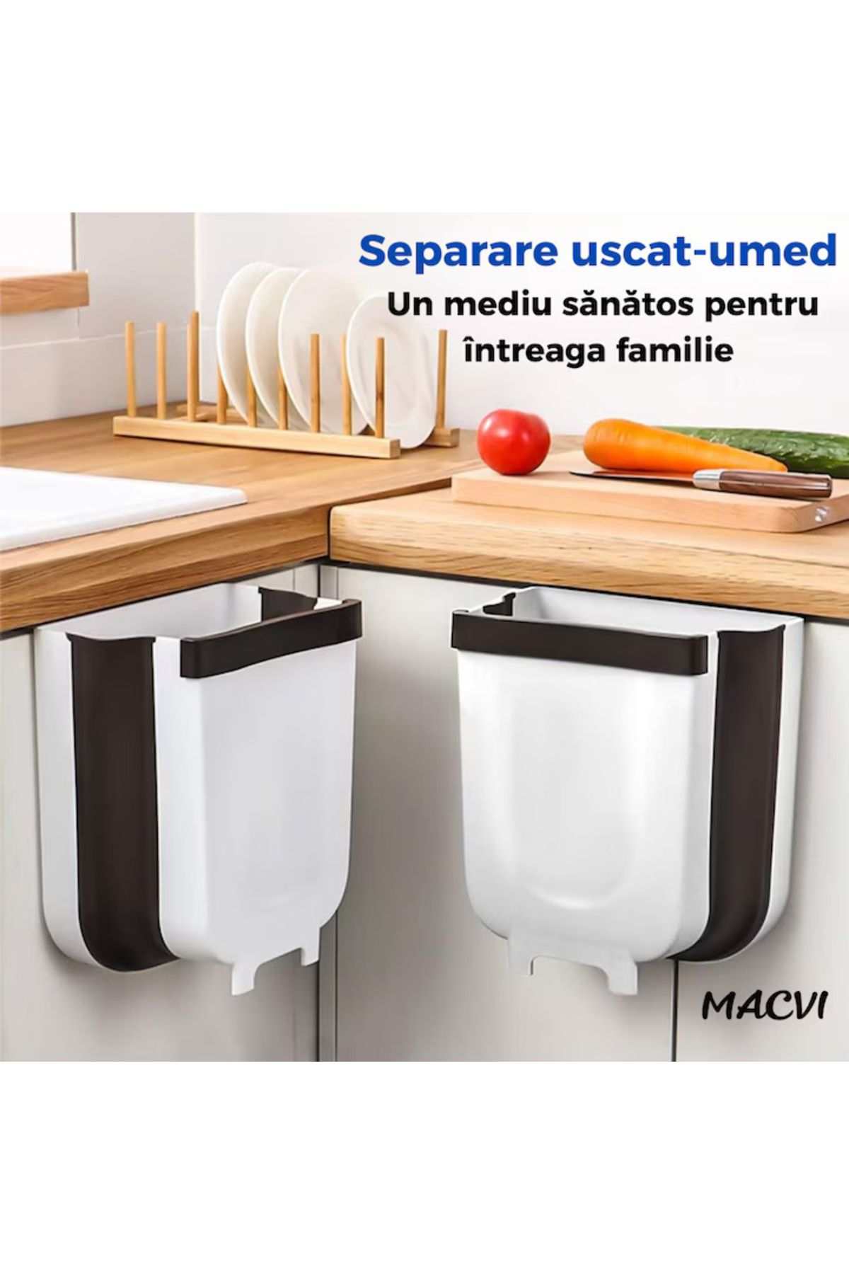 MACVI-Macvi® foldable waste bin 30x25 cm black and white, hanging on the cabinet, for kitchen, assembly without drilling 2