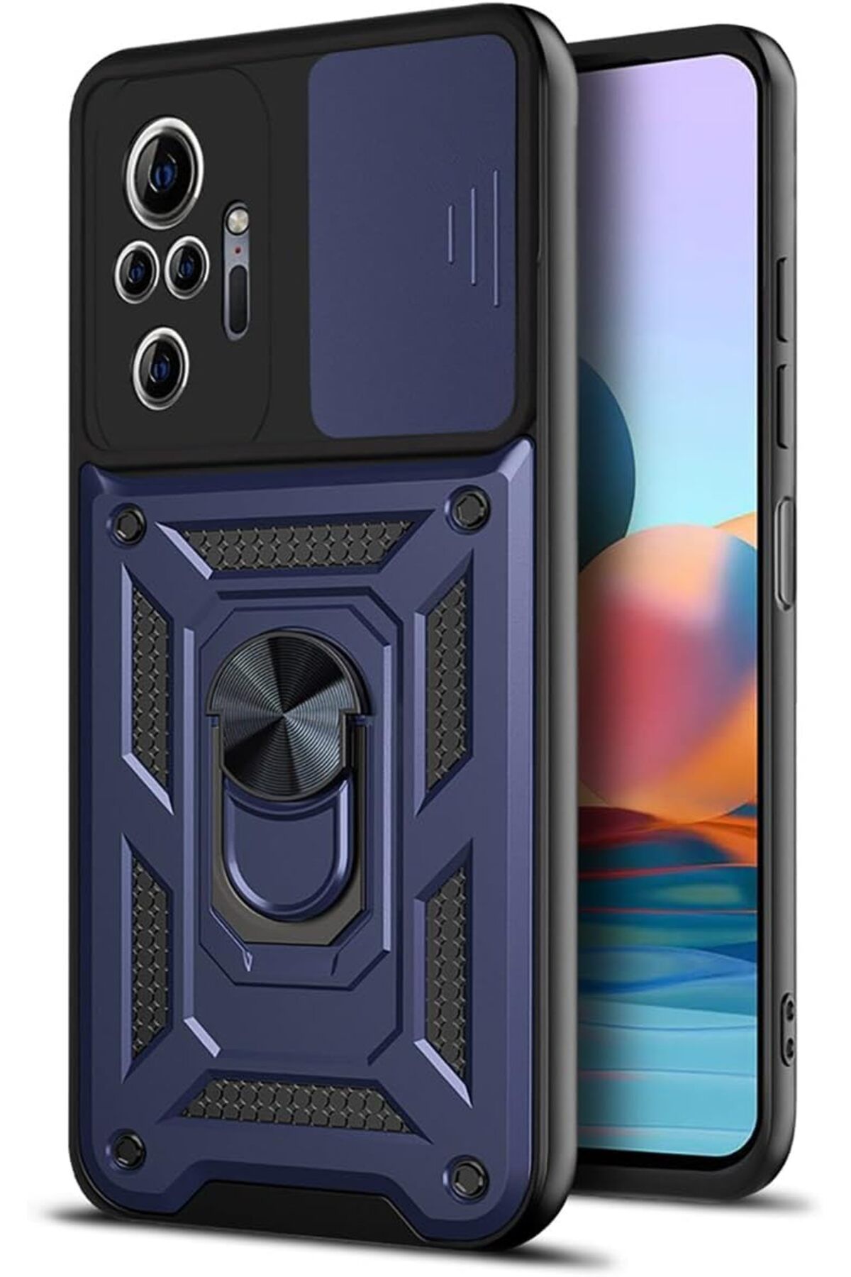 Rivor Xiaomi Redmi Note 10 Pro Kılıf Kamera Sürgülü Standlı Yüzüklü Darbe Emici Zırh Koruyucu Tank Kapak