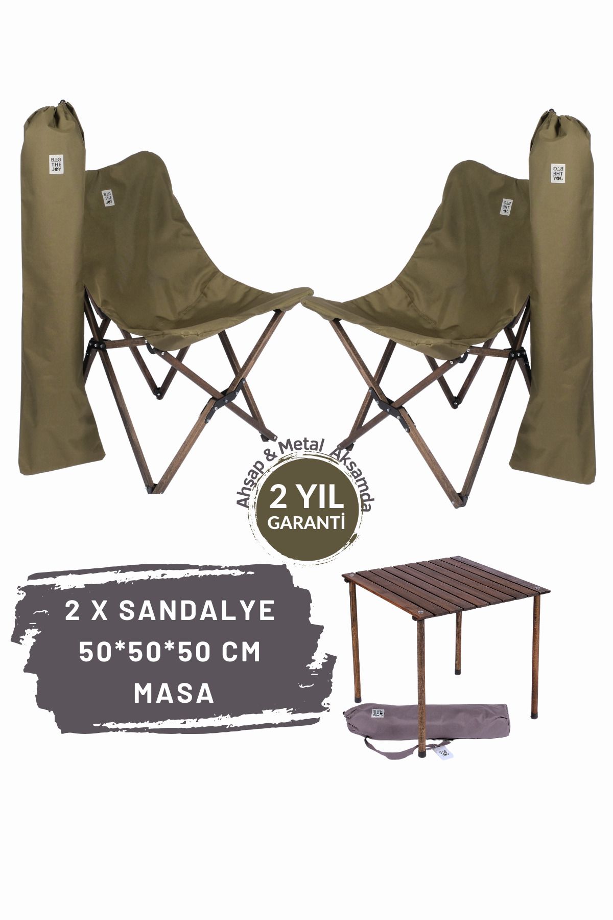 Bag The Joy Ahşap Katlanır Masa Sandalye Seti Antrasit Iskelet Haki Kılıf -50x50x50 Antrasit Masa