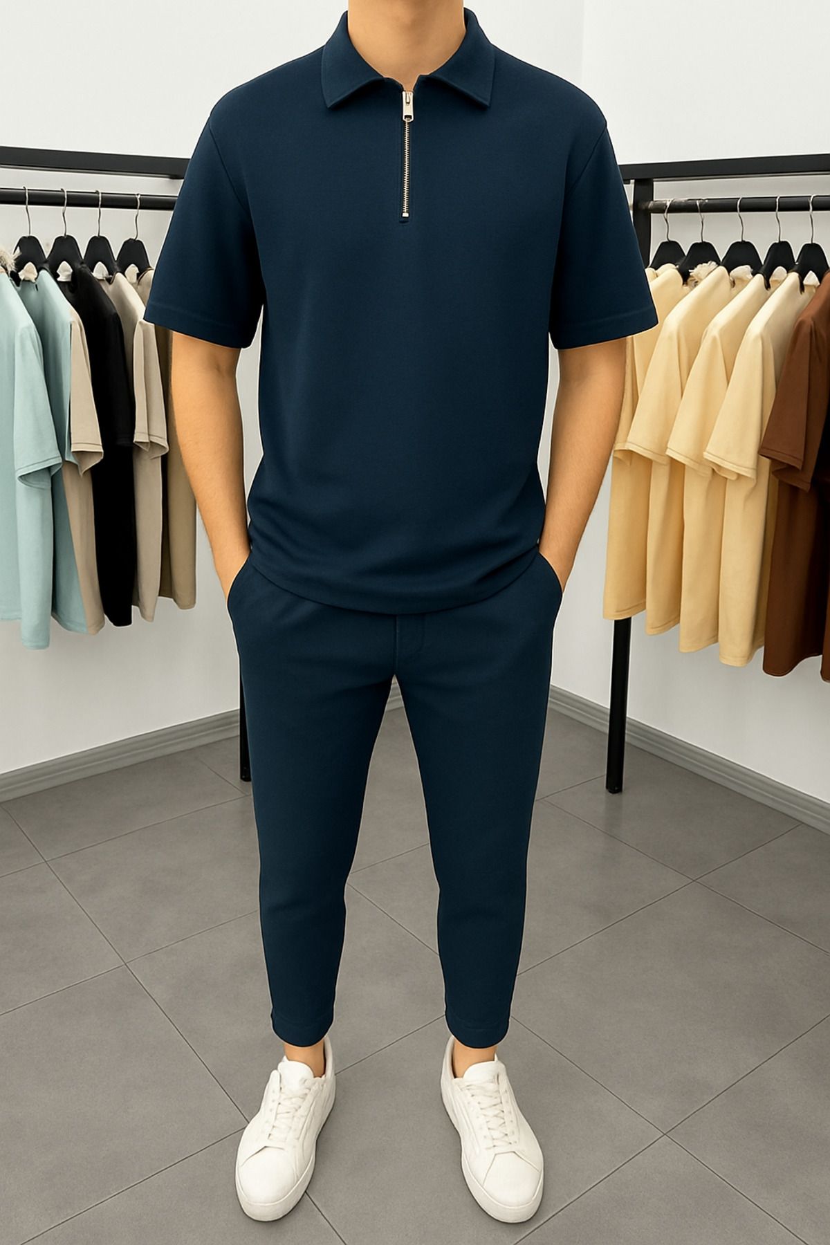 Butik Krep Kumaş Likralı Yarım Fermuar Polo Yaka Takım Petrol Mavisi