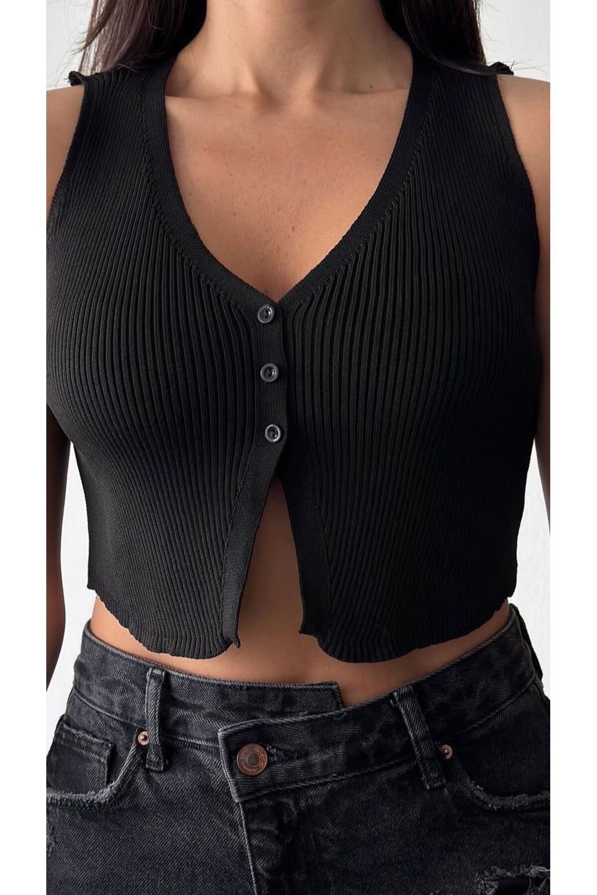 MODA DÜĞMELİ CROP YELEK