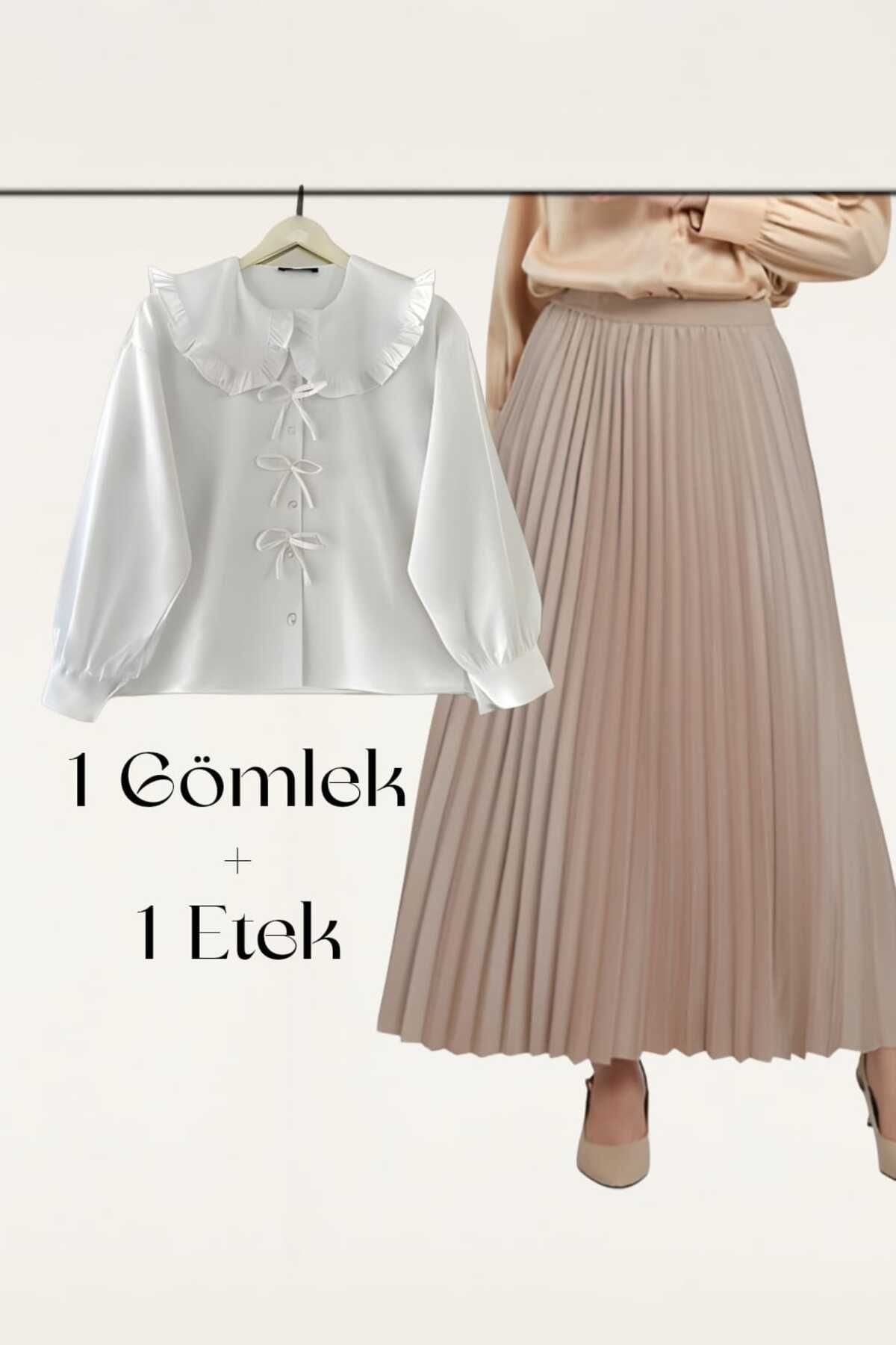 MODA Fiyonk Detay Gömlek Pilise Deri Görünümlü Etek Takım