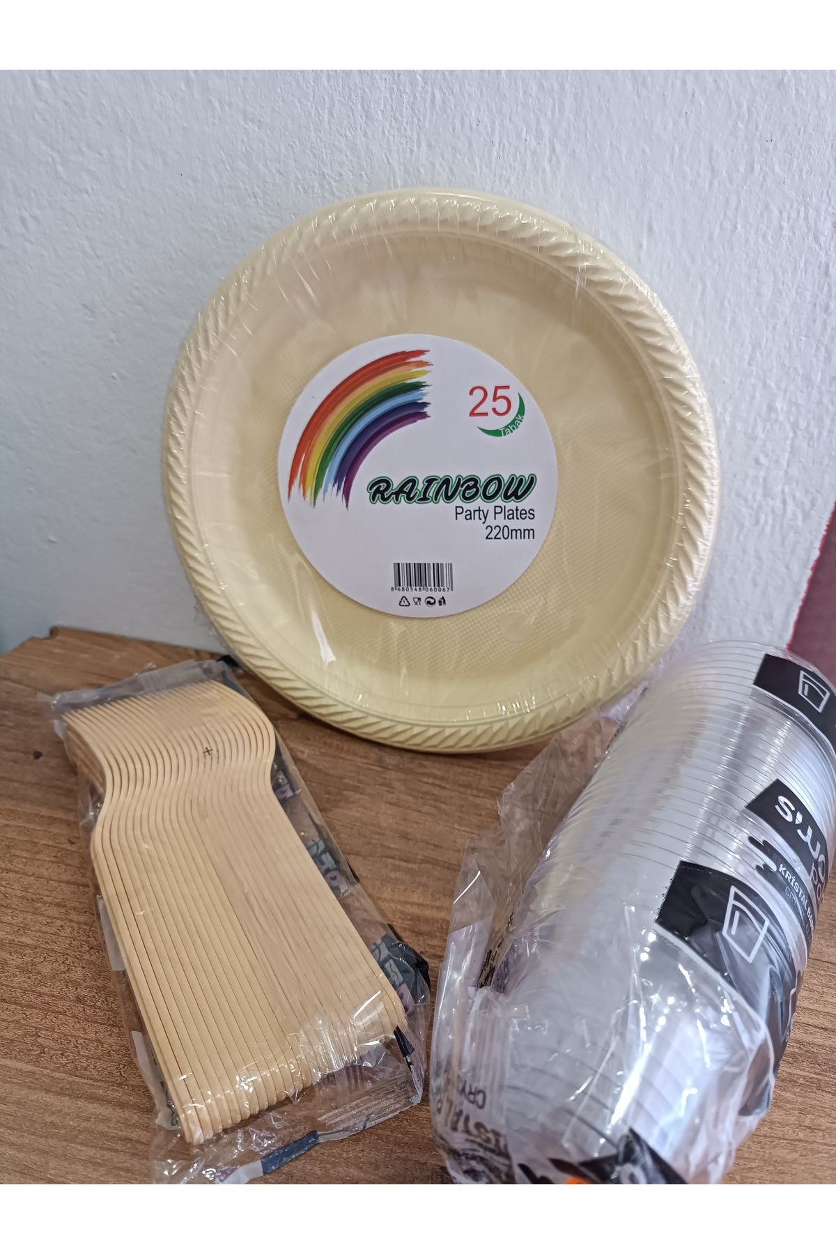 Store Plastik tabak bardak çatal 25 adet krem tabak krem çatal şeffaf bardak