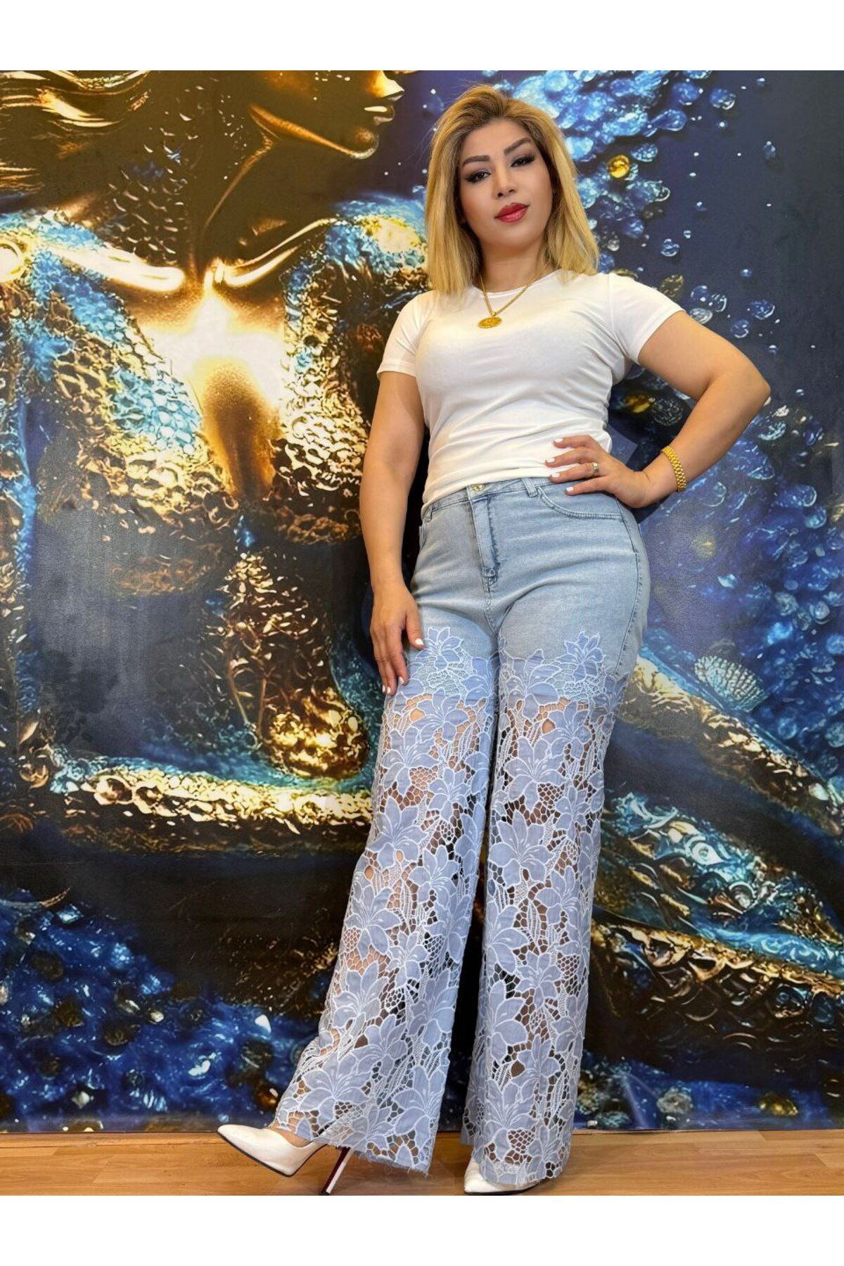 Yeşilmoda Kot pantolon,Kot ve dantel,Düz pantolon,Şık gece, düğmeli ve Fermuarlı,Yüksek kalite,Cepli,mavi