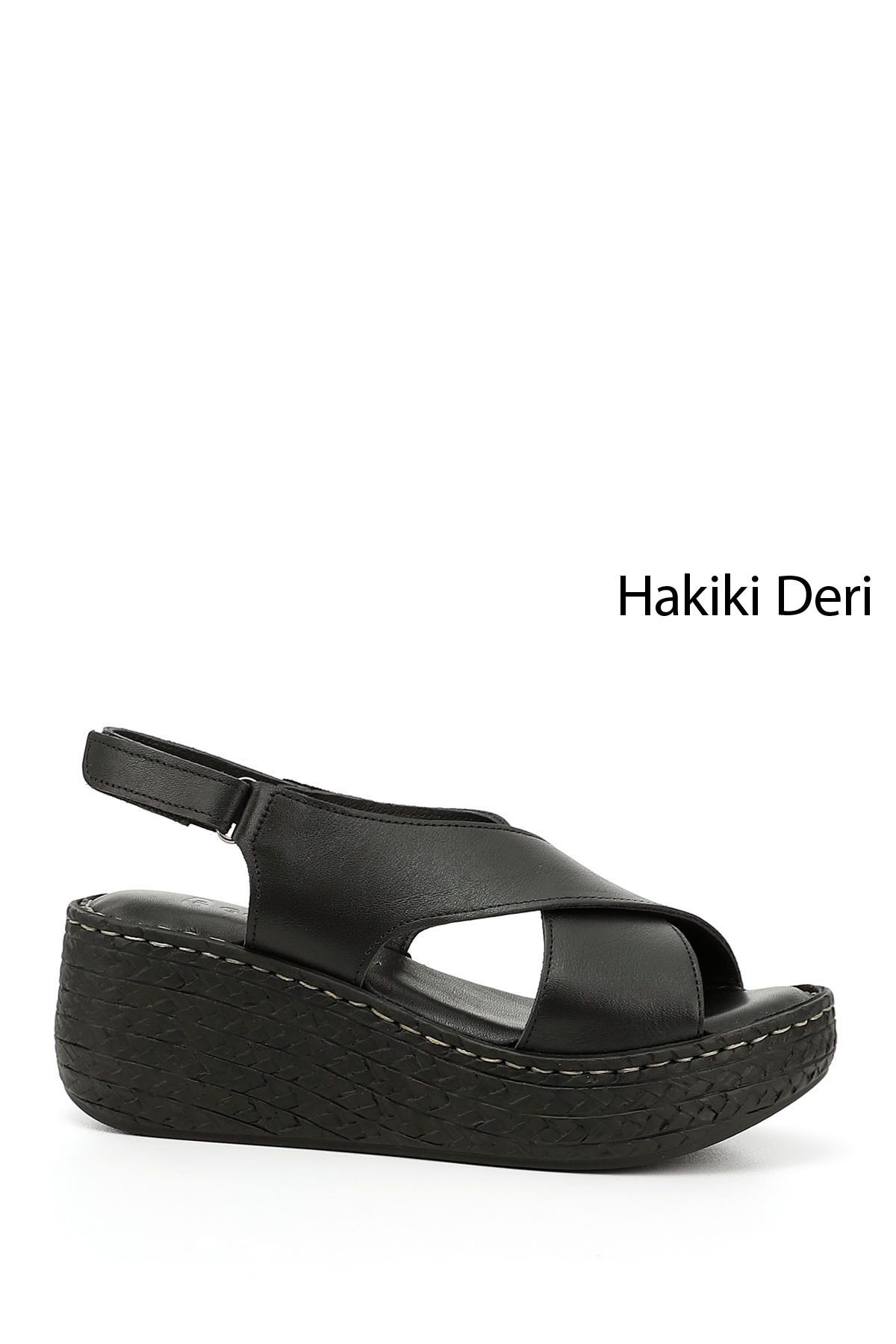 GÖNDERİ(R) Kadın / Kız Siyah Cırt Bantlı Dolgu Tabanlı Hakiki Deri Sandalet
