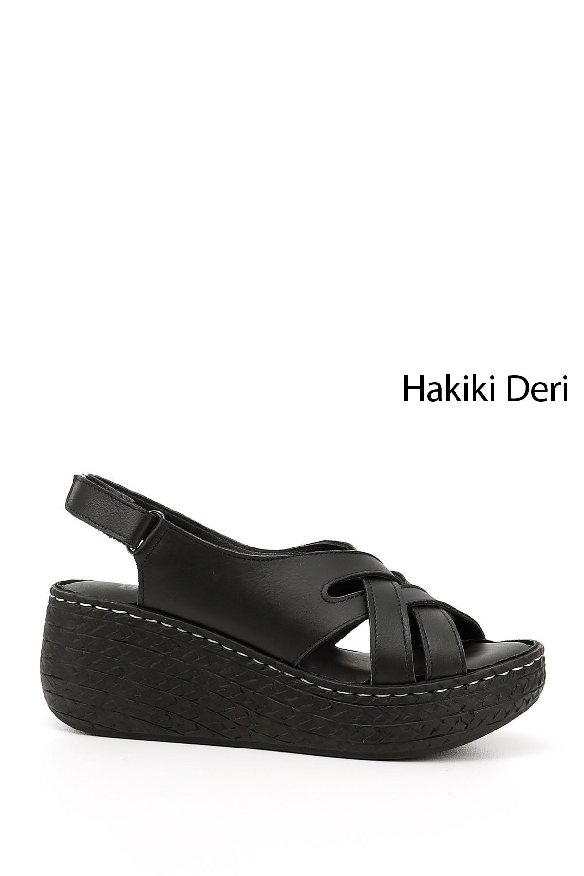 GÖNDERİ(R) Kadın / Kız Siyah Cırt Bantlı Hakiki Deri Dolgu Tabanlı Sandalet