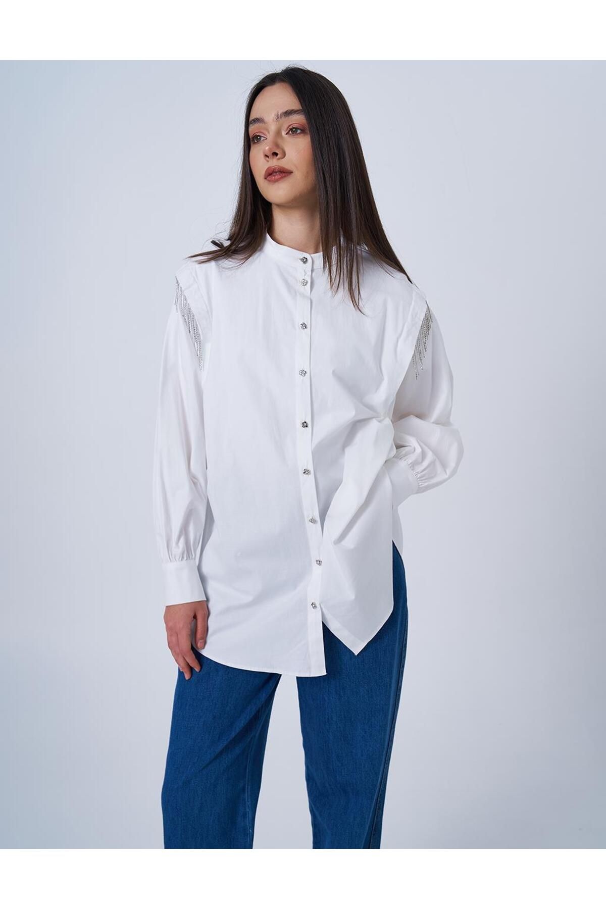 Kayra Şerit Taşlı Pamuklu Tunik Ekru KA-B25-21100-35