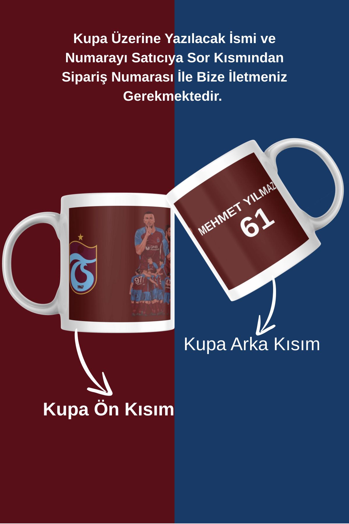 zerhome Bordo Mavi Kişiye Özel Taraftar Beyaz Porselen Kupa Bardak