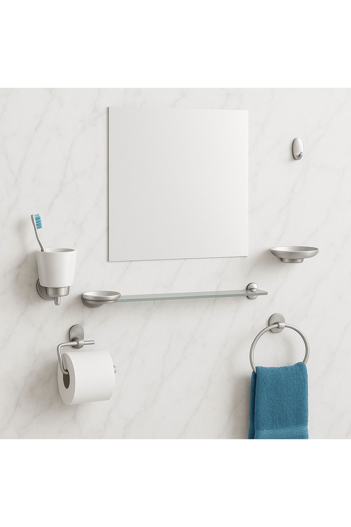 Öz Funda Cam Banyo Duvar Aynası ve 5'li Aksesuar Seti 37,5 X 37,5