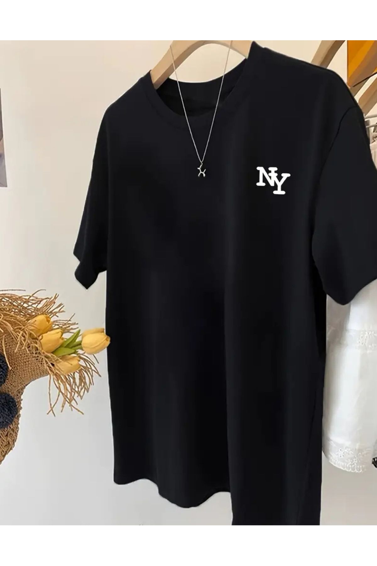 SAJA Kadın/Kız Kurdele Baskılı Oversize Düşük Kol Bisiklet Yaka T-Shirt