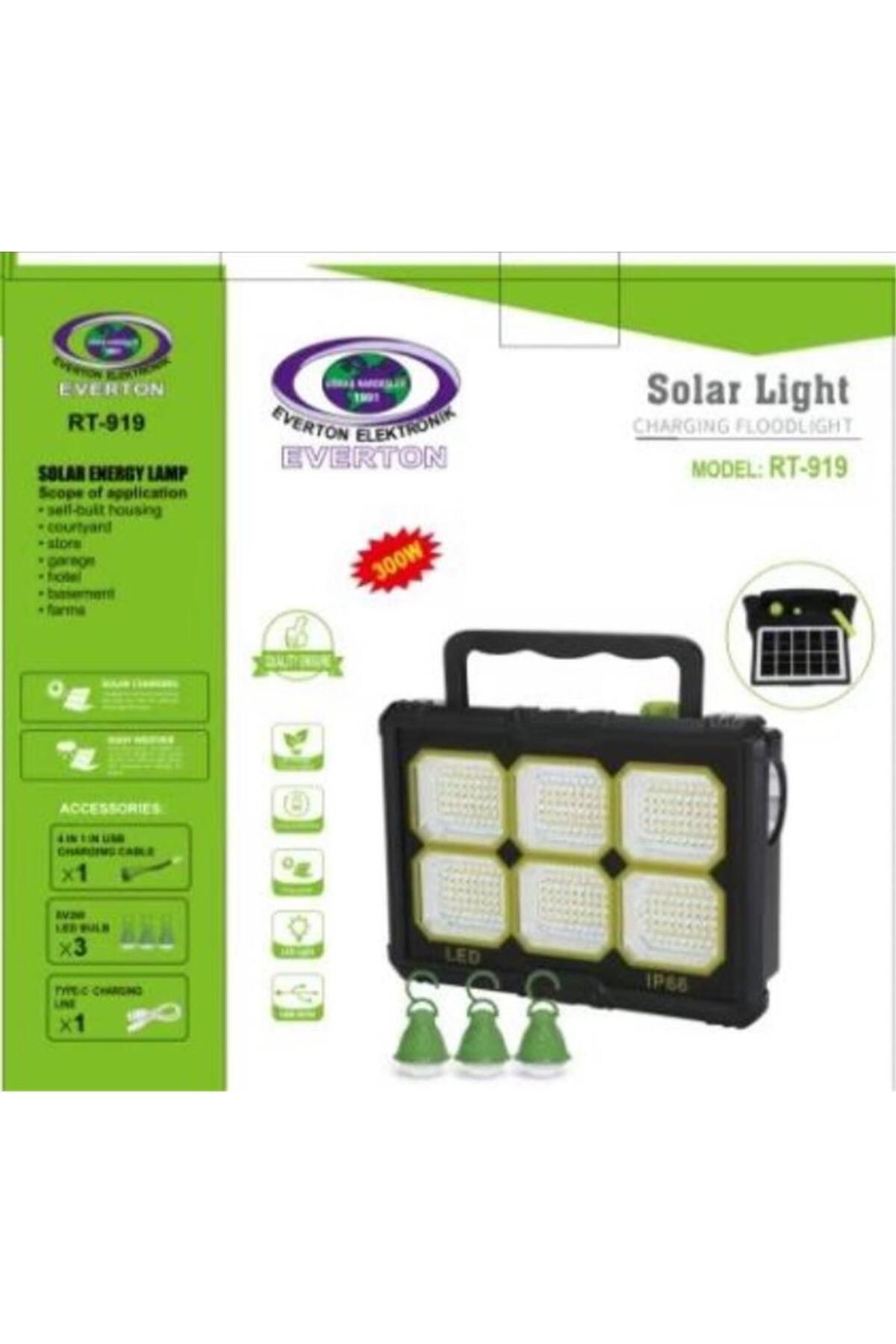 Everton Rt-919 Şarjlı 300W Solar Panelli Projektör (3 Adet Ampül) (Led Gösterge)